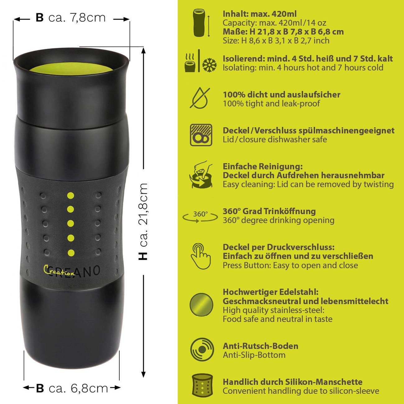 Creano Thermoflasche Thermobecher “Travel-Mug Grün” 420ml, abnehmbare Öffnung für einache Reinigung