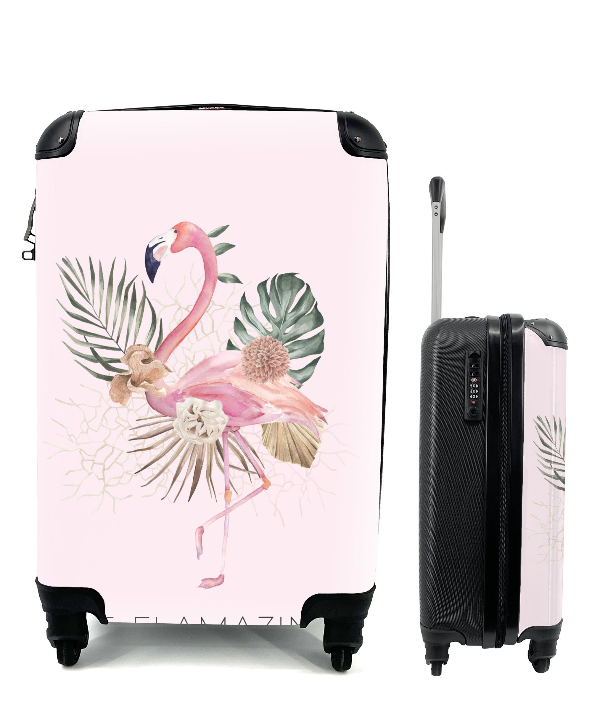 MuchoWow Handgepäckkoffer Flamingo - Blumen - Zitate, 4 Rollen, Reisetasche mit rollen, Handgepäck für Ferien, Trolley, Reisekoffer