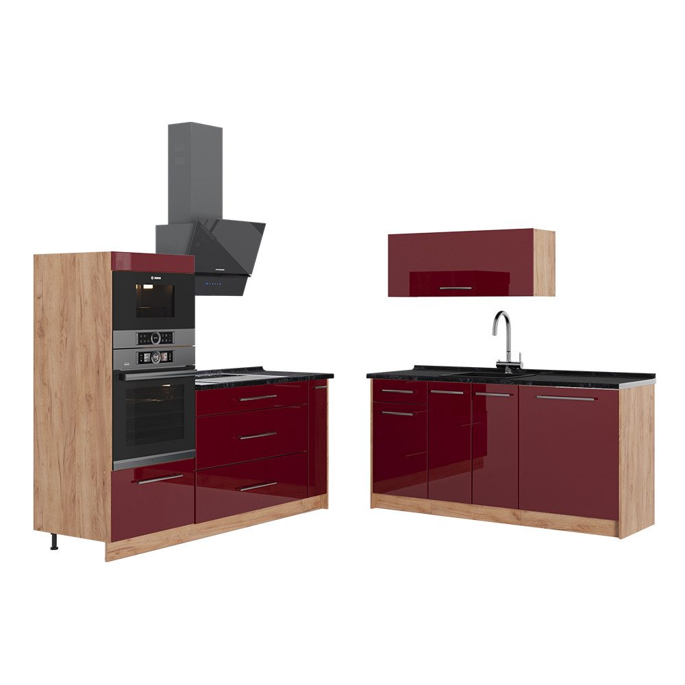 Vicco Küchenzeile Fame-Line, Bordeaux Hochglanz/Goldkraft Eiche, 340 cm, AP Anthrazit