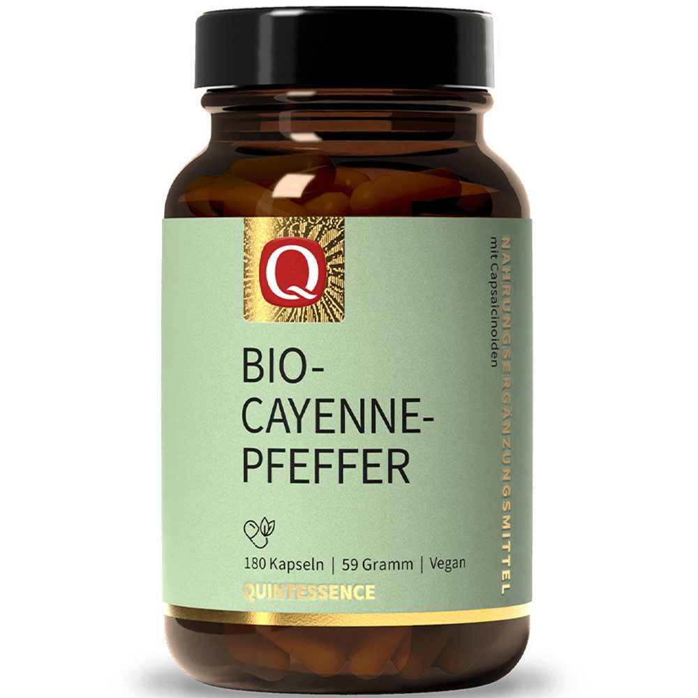 Quintessence Bio Cayenne Pfeffer – Capsaicin Nahrungsergänzung - 180 Kapseln, 59 g, Hochwertige Premiumqualität - vegan - Bio-Qualität