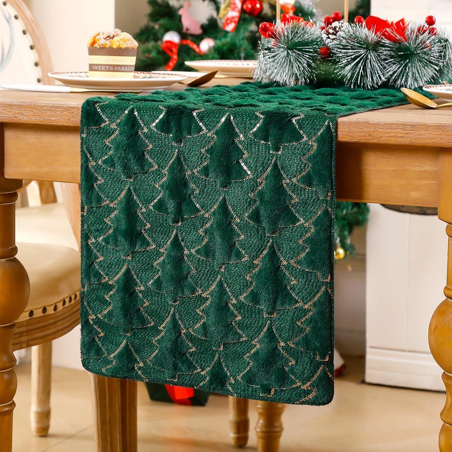 LuxusKollektion Tischläufer Tischläufer Weihnachten 33x140cm Tannengrün Plüsch (1-tlg)