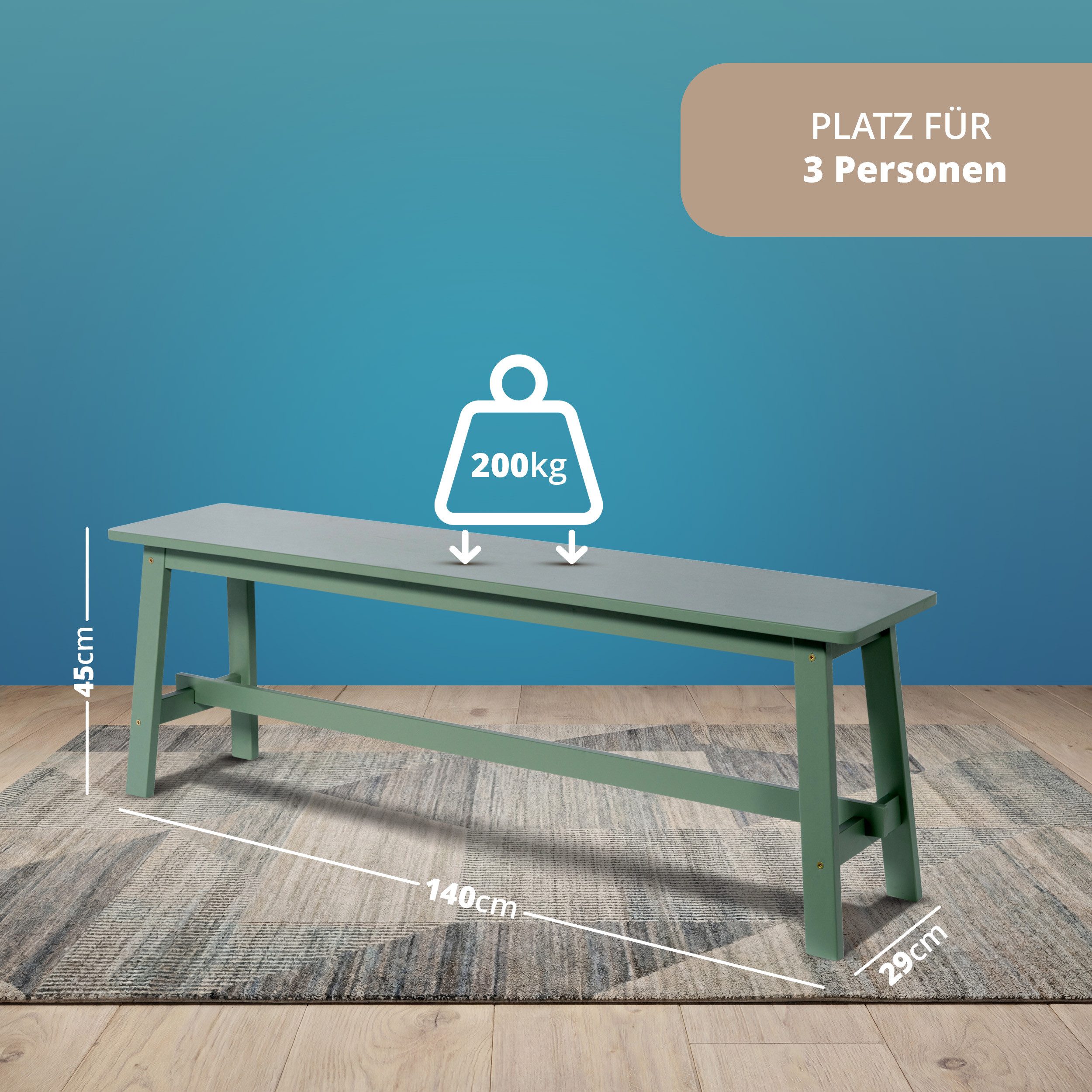 KHG Sitzbank Dekobank Grün für 2-3 Personen, Skandi Look, bis 200 kg belastbar, lackiert, pflegeleicht, Massivholzgestell