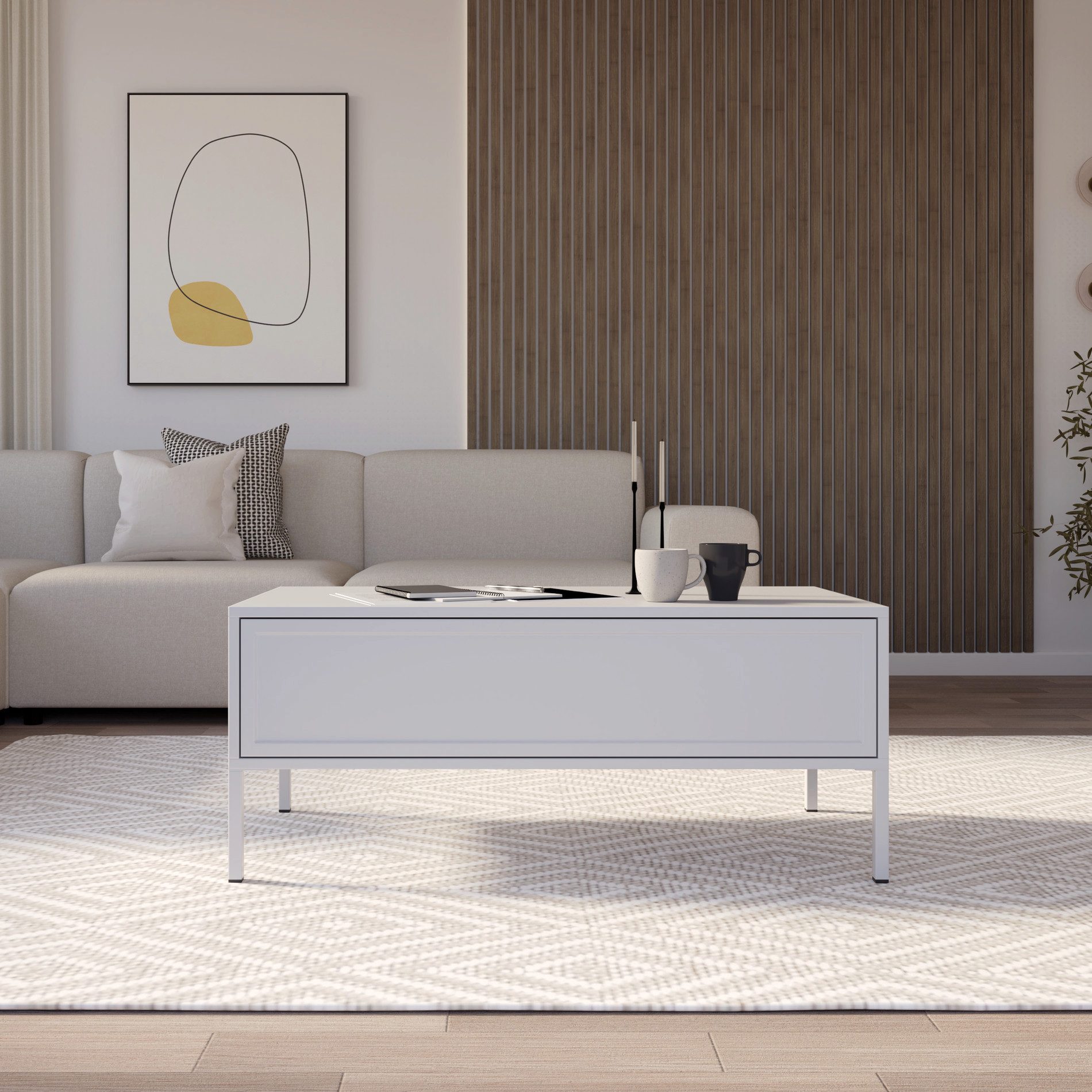 Selsey Couchtisch VELVETO, Couchtisch in Weiß, Push-to-Open-Schublade, 100x50 cm