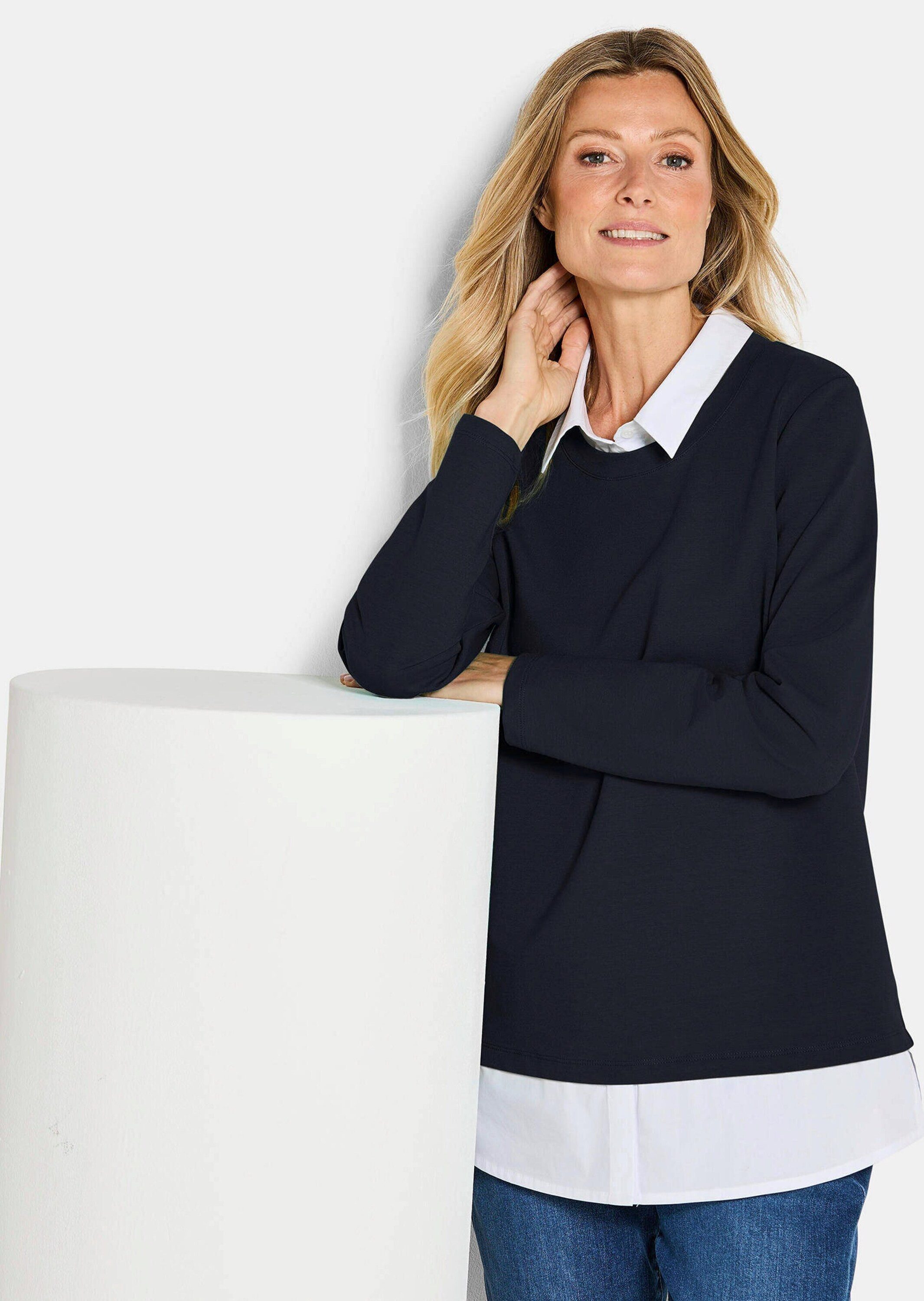 GOLDNER Longshirt Elegantes 2-in-1 Business-Oberteil Langarm-Shirt mit Hemdkragen und Hemdsaum, hüftumspielend, Baumwolle