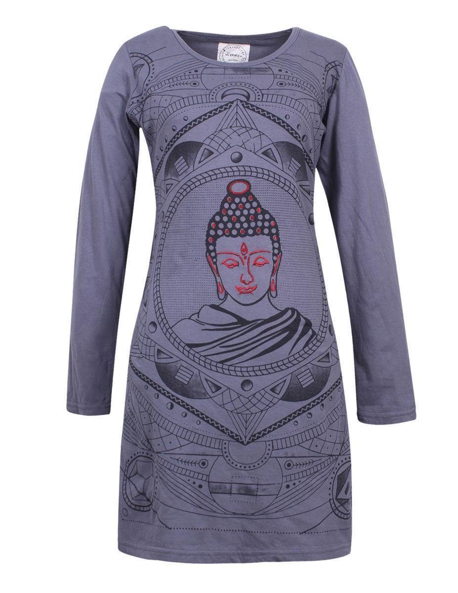 Baumwollkleid Vishes Druck grau Buddha Style Langarm Übergangskleid, Hippie Shirtkleid mit Midikleid