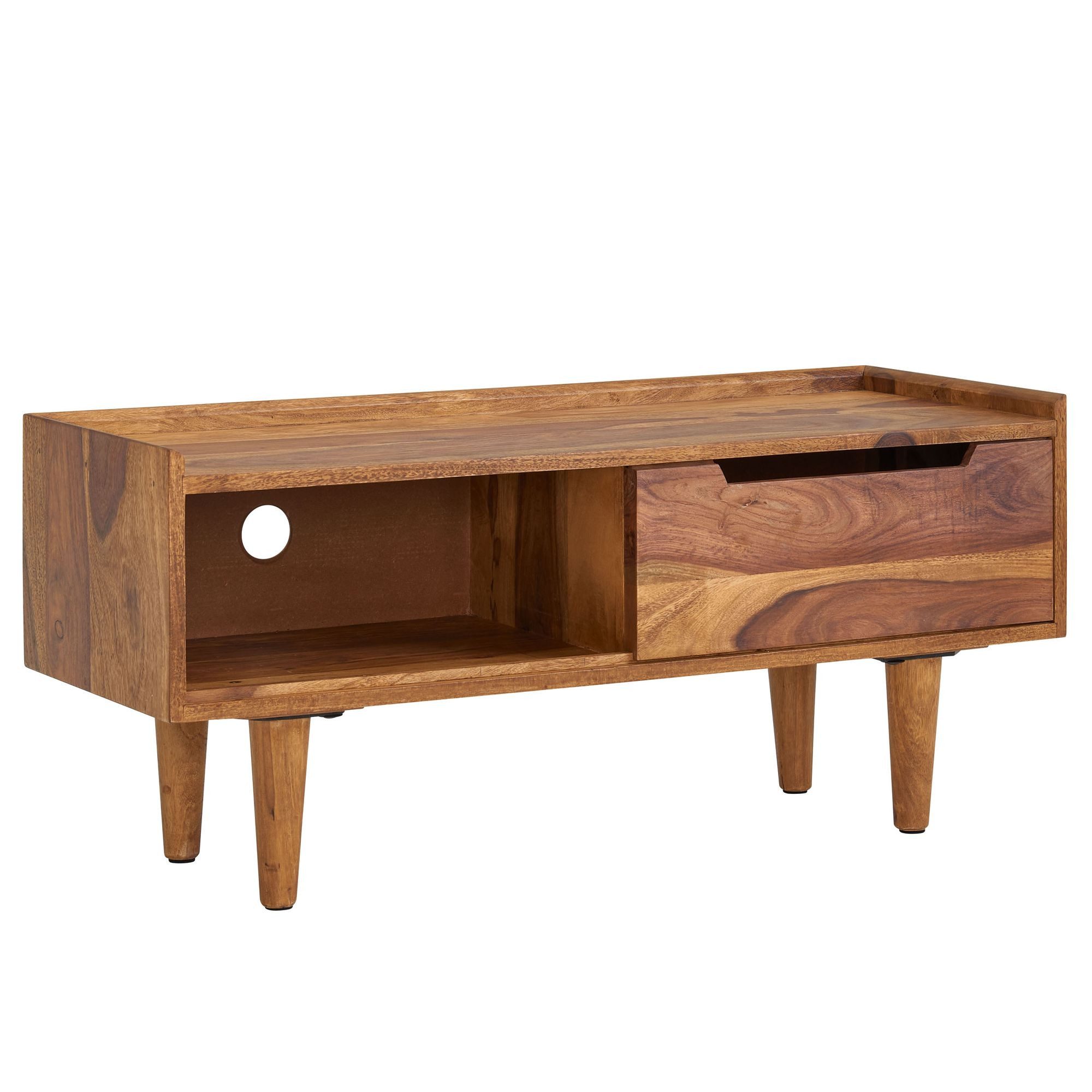 furnicato Lowboard TV-Unterschrank Massivholz, Walnuss Finish 95x44x34 cm Braun (1 St), TV-Board mit Schiebetür und Kabeldurchlass für dein Wohnzimmer