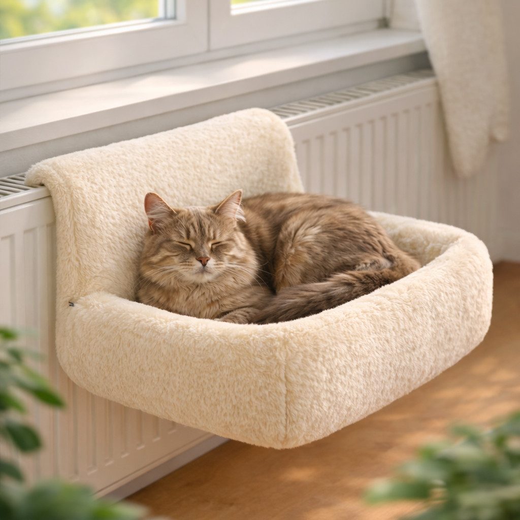 belviona Katzen-Hängematte für Heizkörper, Schlafplatz für Katzen bis 8 kg, creme, kuscheliges Textil, Katzen-Heizkörperliege mit waschbarem Bezug