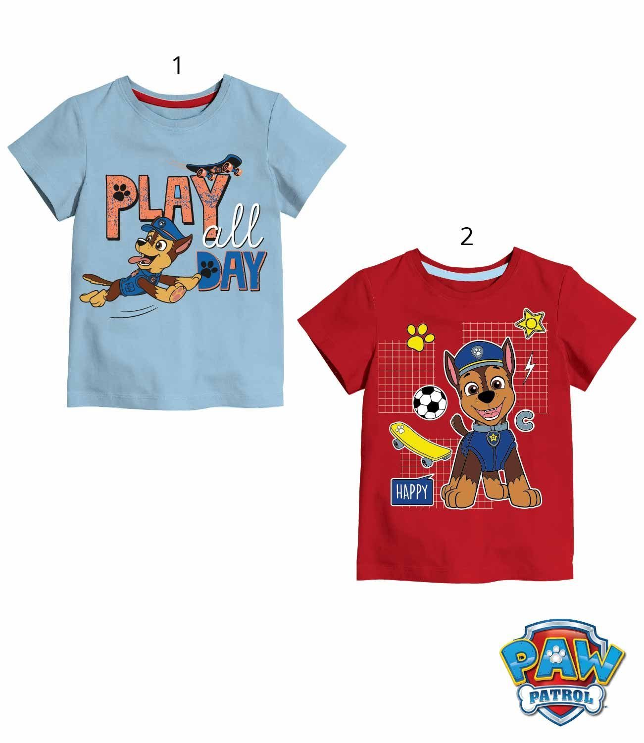 PAW PATROL Print-Shirt 2X Paw Patrol T-Shirts Rot + Hellblau Jungen 92 98/104 110/116 122/128
