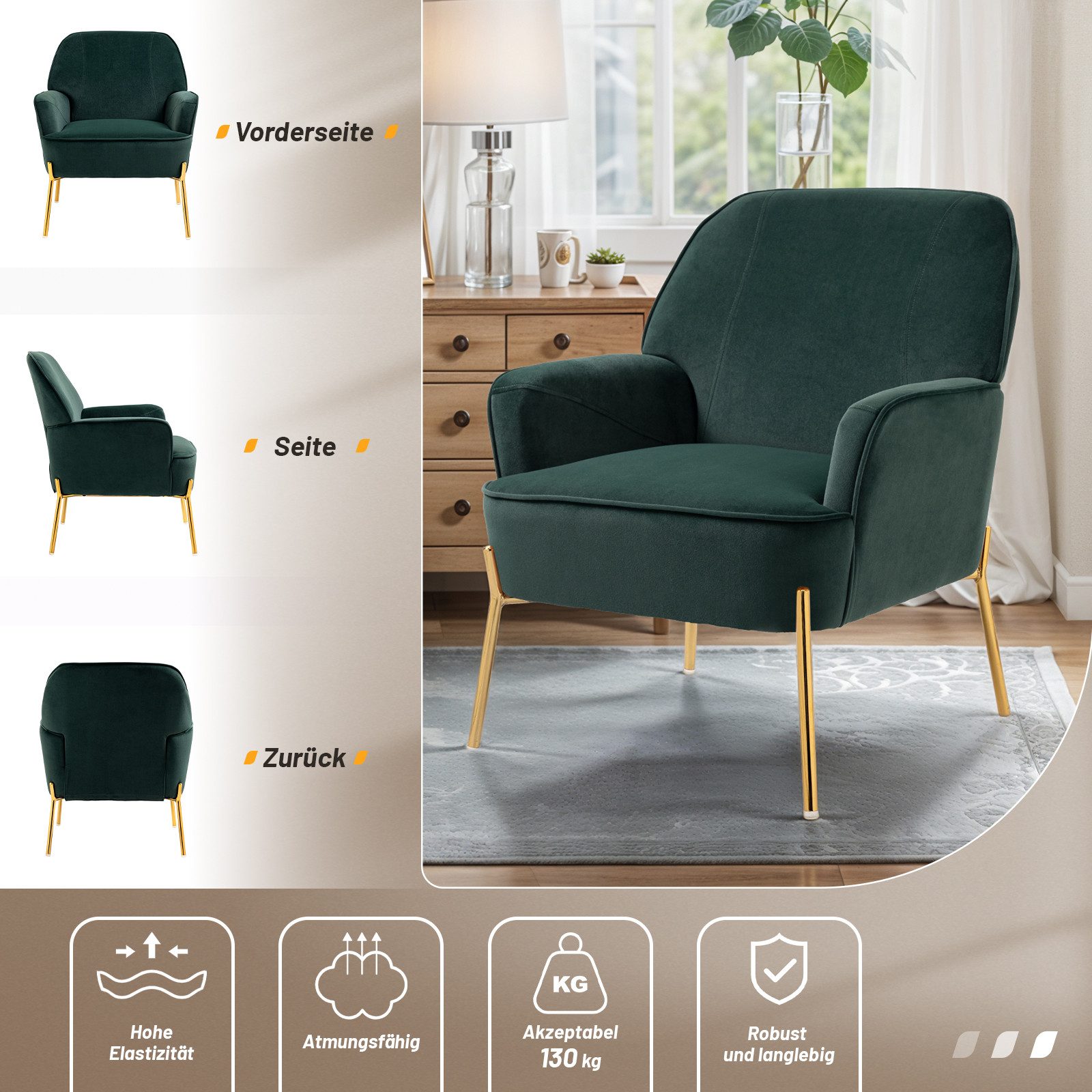 Fiximaster Sessel Gepolsterter Mid-Century Sessel aus Samt mit Armlehnen (1-St), und goldenen Beinen,Akzentstuhl, Loungesessel für Wohnzimmer – Bild 5 von 5