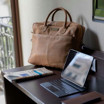 DRAKENSBERG Umhängetasche Aktentasche »Hugo« Havanna-Braun, elegante Leder Laptoptasche 16" für Herren aus weichem Büffelleder