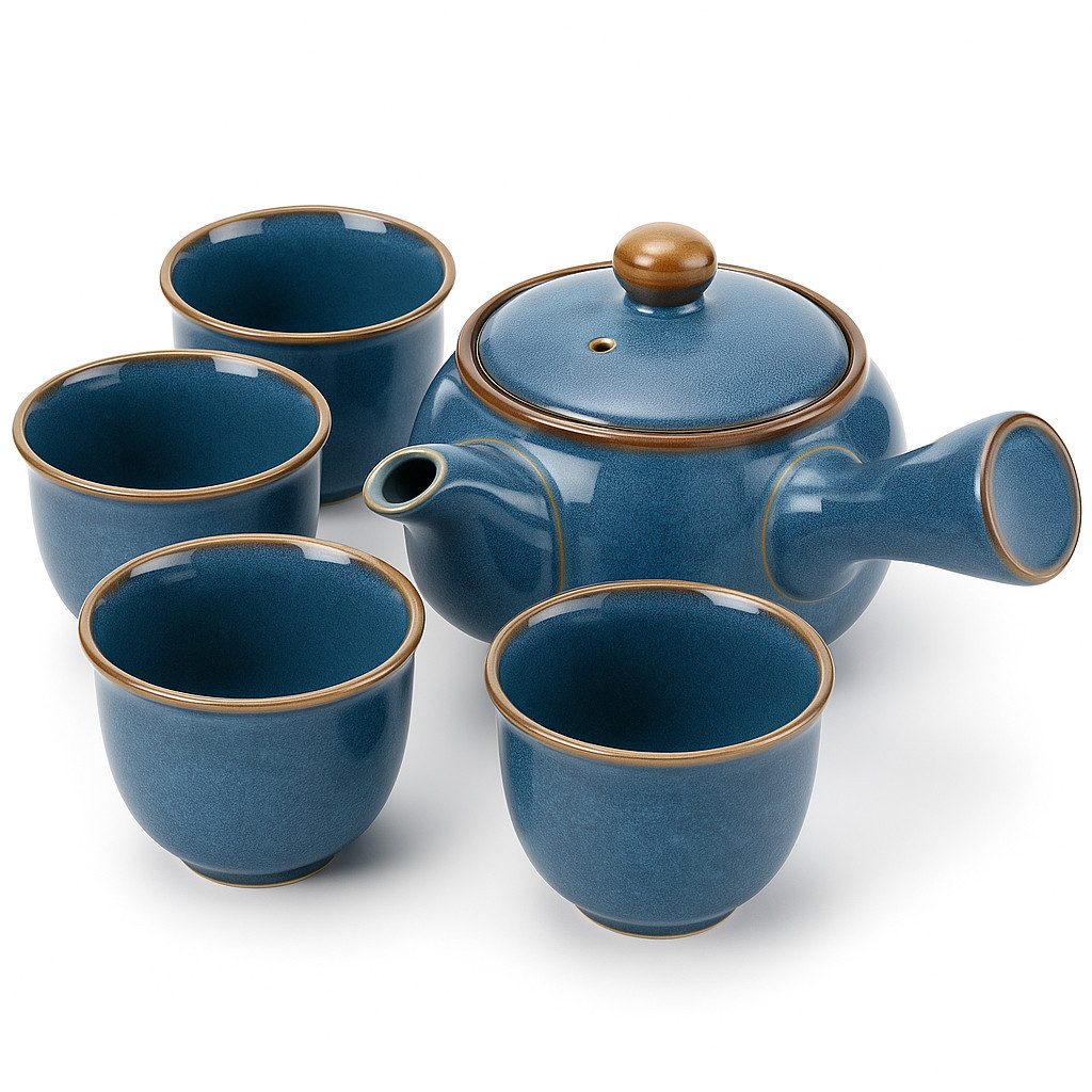 Goodwei Чайный сервиз Japanisches Kyusu Teeset „Umi“ – Seitengriffkanne mit Sieb, 4 Tassen (5-tlg), 1 Personen, Keramik