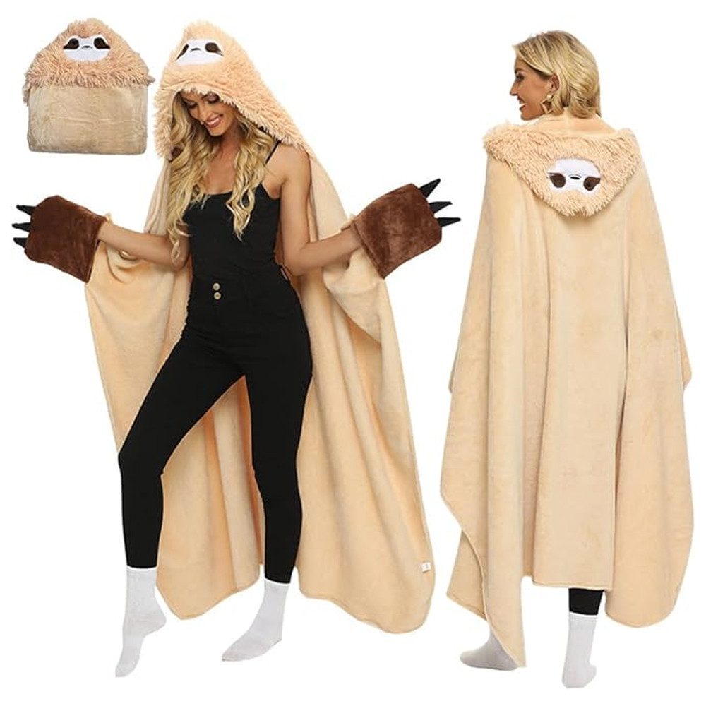 Wohndecke Kuscheldecke mit Ärmeln Faultier Decke mit Kapuze Tragbar Flauschdecke, TUWENA, Cartoon Sofadecke Flanell, Weiche Wohndecke 152x125cm, Decke Geschenke