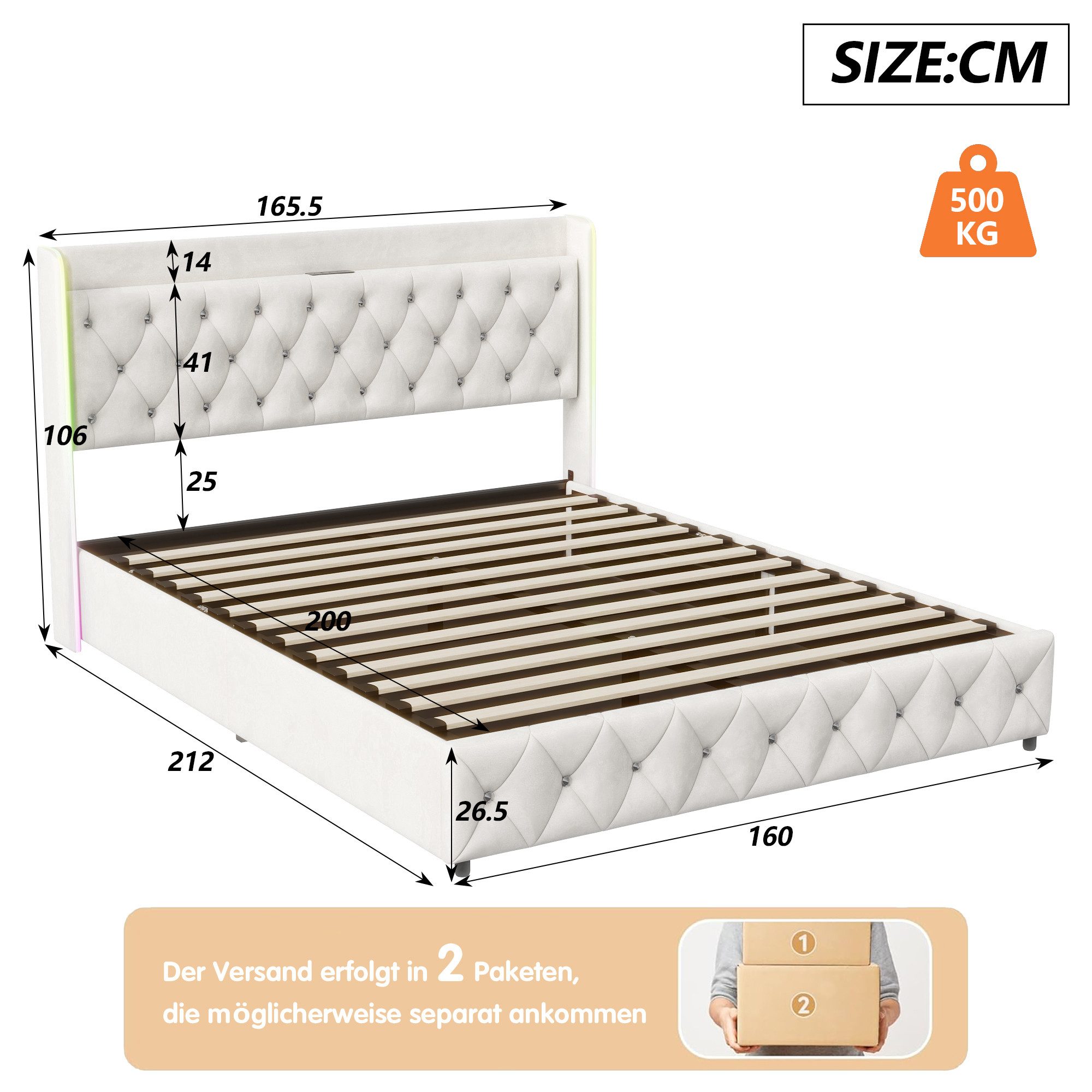 zebery Polsterbett Doppelbett mit LED Beleuchtung und Ladefunktion (Set, 1-tlg., Hydraulisches Bettgestell, Gestepptes Knopfdesign), Jugendbett Stauraumbett, Sa – Bild 5 von 5
