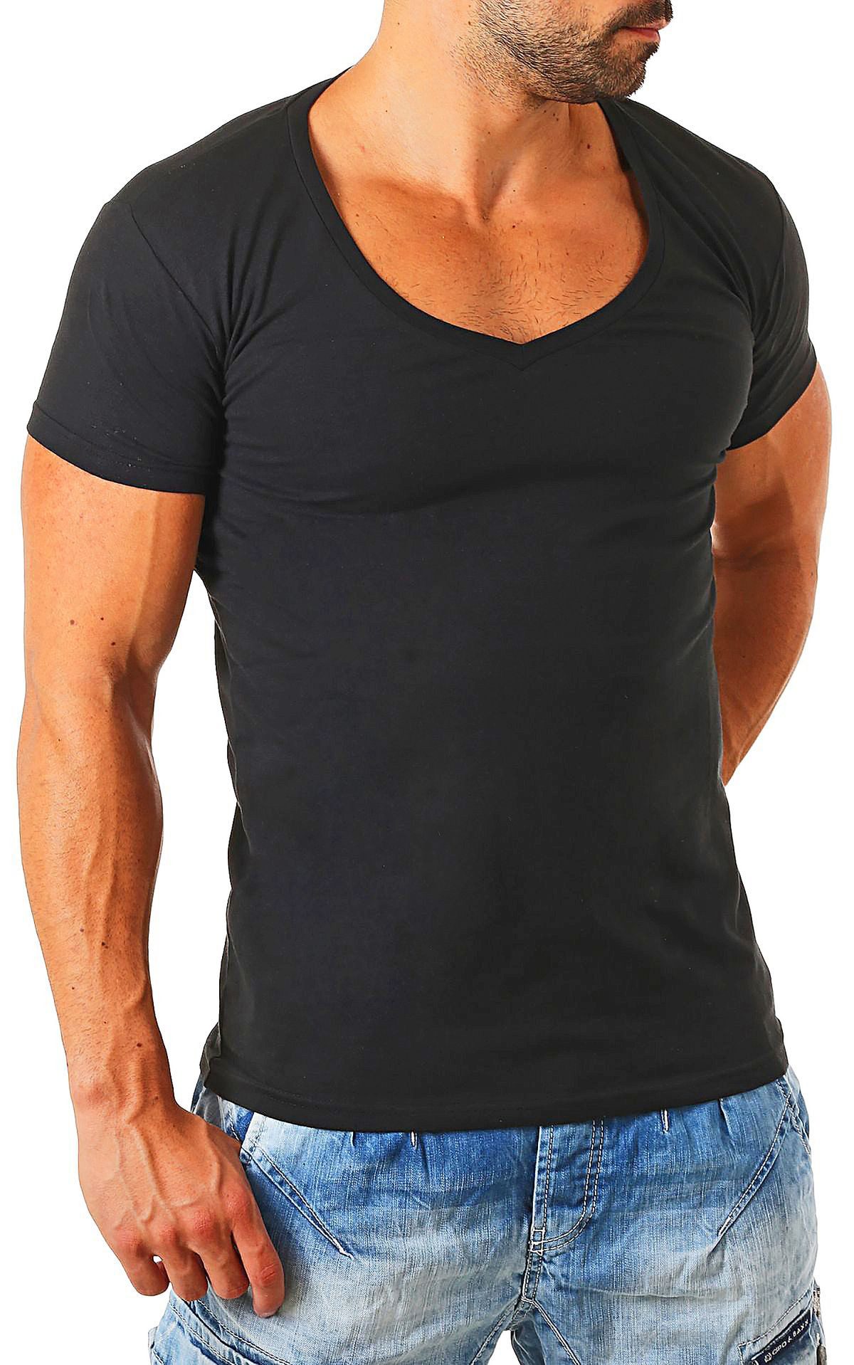 Young & Rich T-Shirt Herren Uni Basic extra tiefer Ausschnitt Unterziehshirt 1315 V-Ausschnitt unifarben kurzarm slim fit