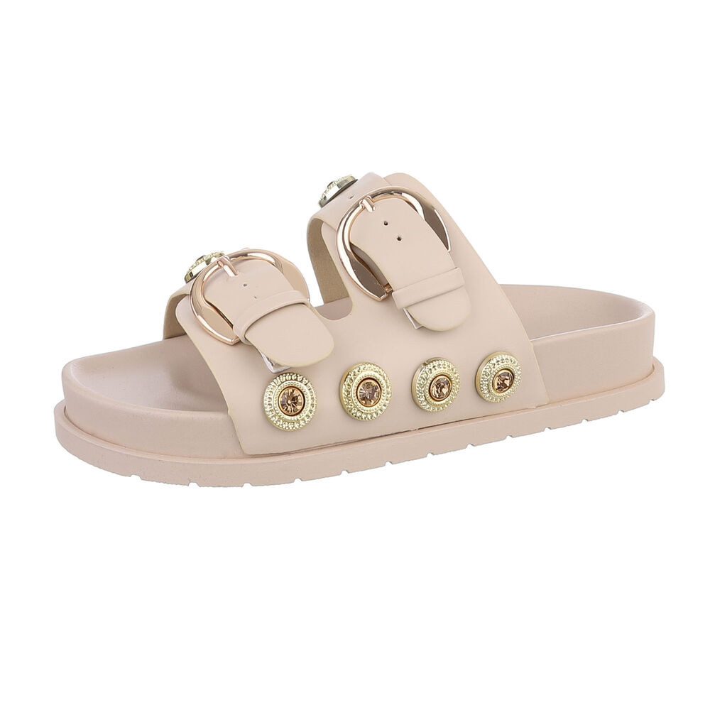 Ital-Design Damen Mules Freizeit Pantolette (86706563) Flach Pantoletten in Beige