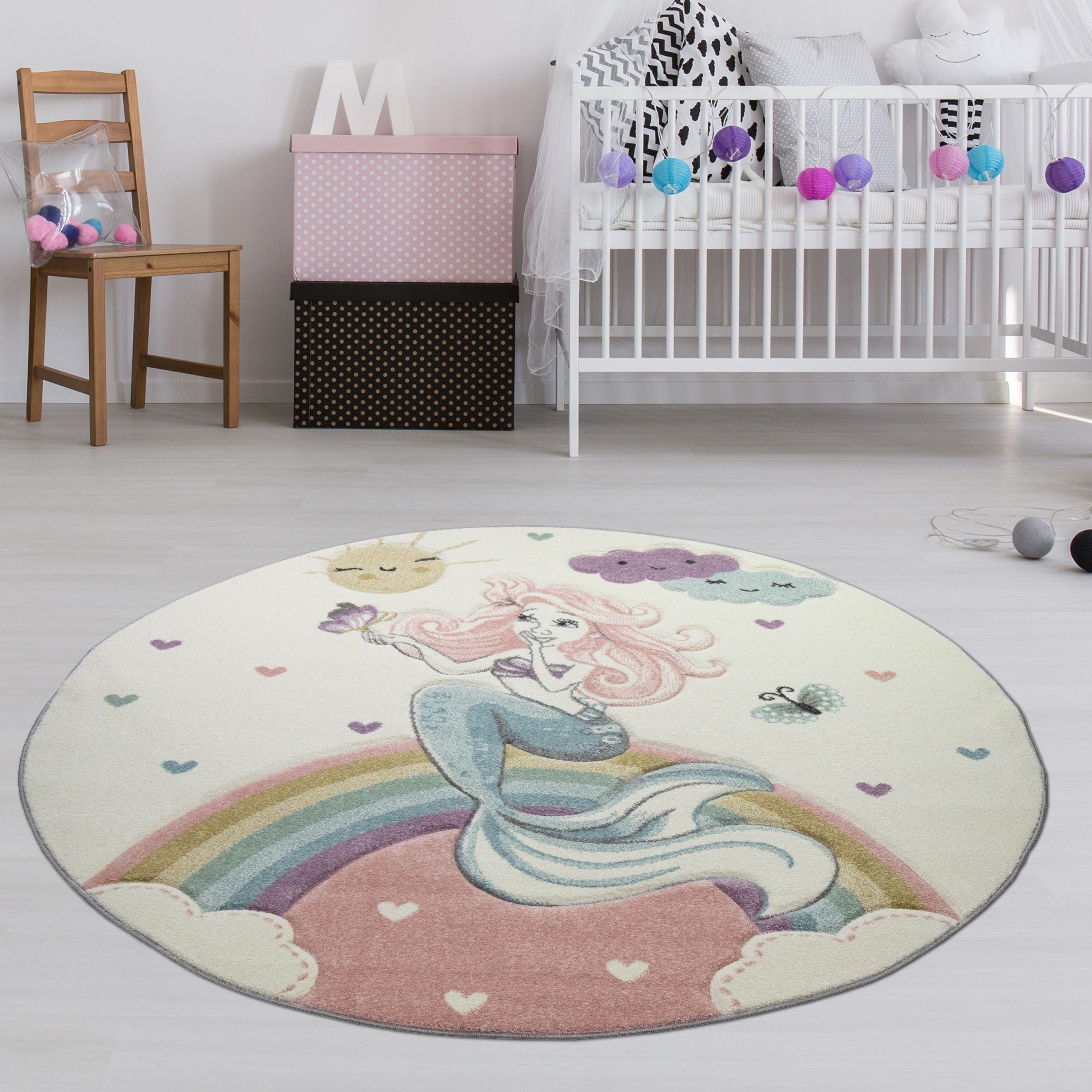 TeppichHome24 Kinderteppich Kinderteppich Meerjungfrau Prinzessin pastell, Rund, Höhe: 1.3 mm