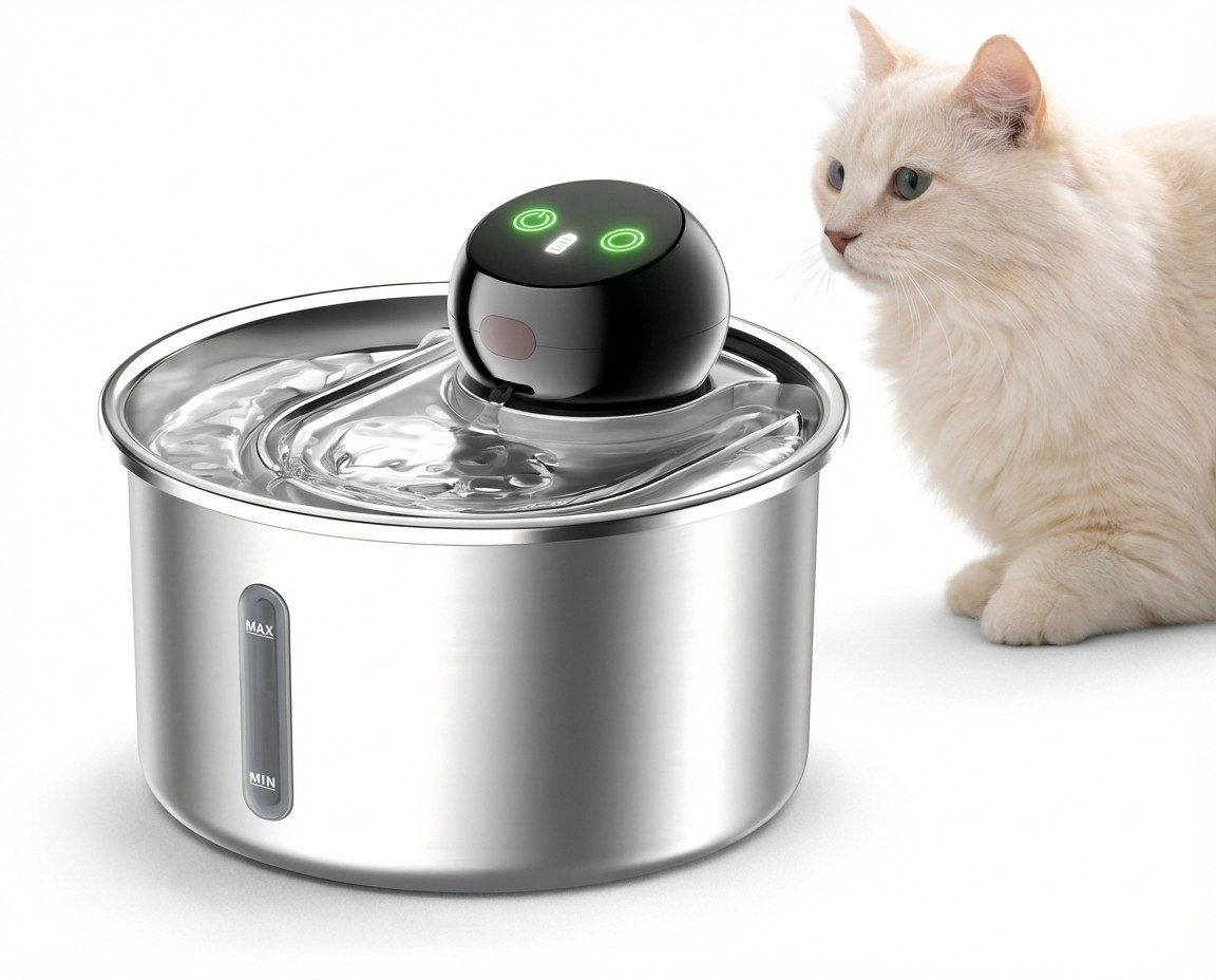 HOMELODY Trinkbrunnen Katzenbrunnen Edelstahl 3,2L kabellos leise mit Filter, Trinkbrunnen Katze Akku 120 Tage Sensor 5-fach Filter