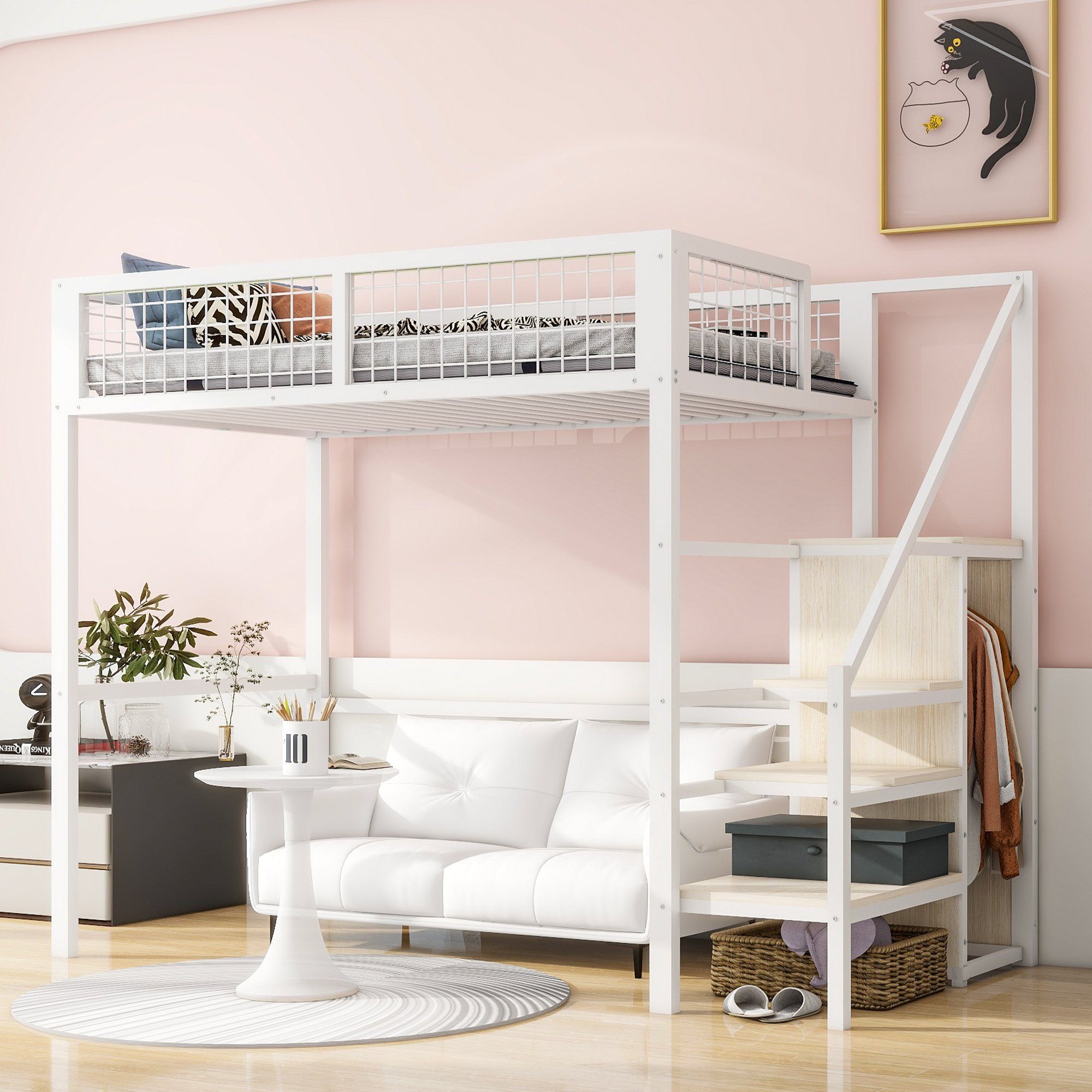 WISHDOR Metallbett Einzelbett Stauraumbett Funktionsbett Hochbett, mit Sicherheitsleiter (90*200 cm, Kinderbett mit Eisenrahmen und Aufbewahrungsregal, Kleiderschrank), ohne Matratze, Kein Stuhl Weiß