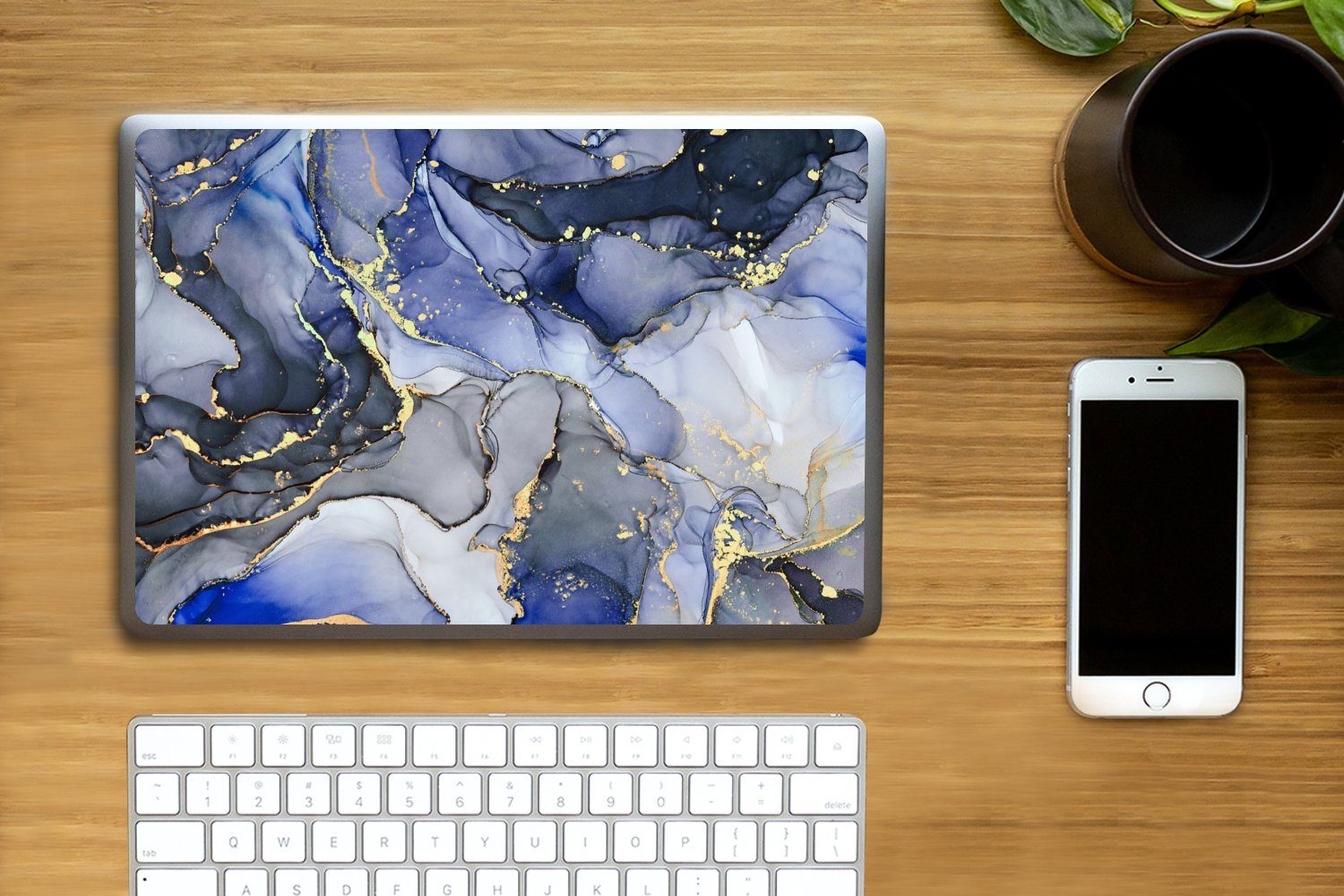Thumbnail - MuchoWow Laptop-Aufkleber Marmor - Gold - Abstrakt - Blau, (1tlg), Laptop Folien Cover, Aufkleber, Sticker, Schutz vor K...