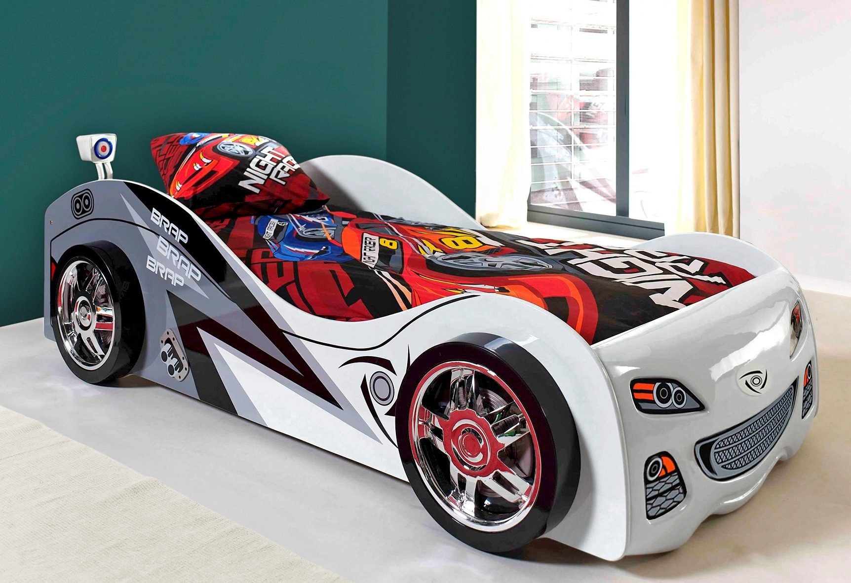 Vipack Autobett Liegefläche 90/200, Räder mit Felgen-Optik, schickes Design (B/H/T ca. 240x65x110cm, hochglanz weiß/grau lackiert, mit Lattenrost), feststehende Räder, hochwertiges MDF Trägermaterial, coole Optik