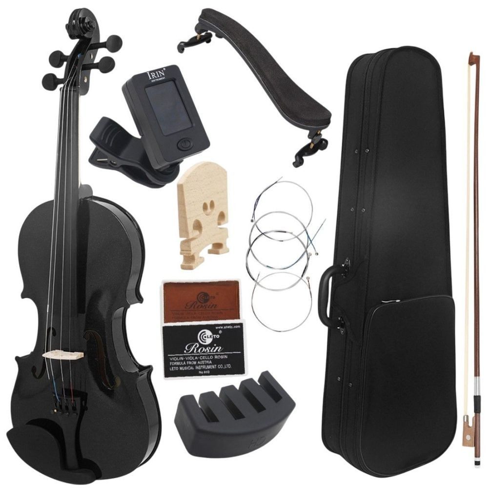 Akustikgitarre Geige Akustik Schwarz Massivholz inkl. Koffer Bogen Zubehör DE.