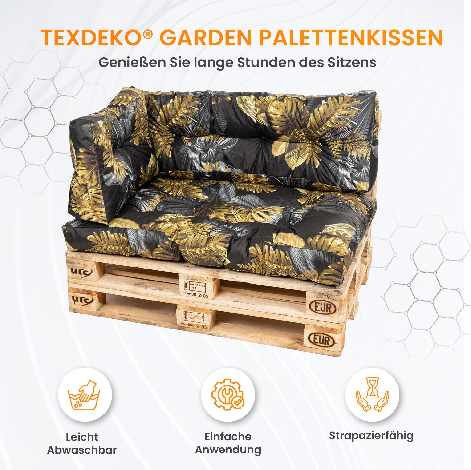 TexDeko Palettenkissen TexDeko Garden 5-TLG Palettenkissen-Set wasserabweisend gesteppt, 2x Palettenkissen + 2x Rückenkissen + 1x Seitenkissen