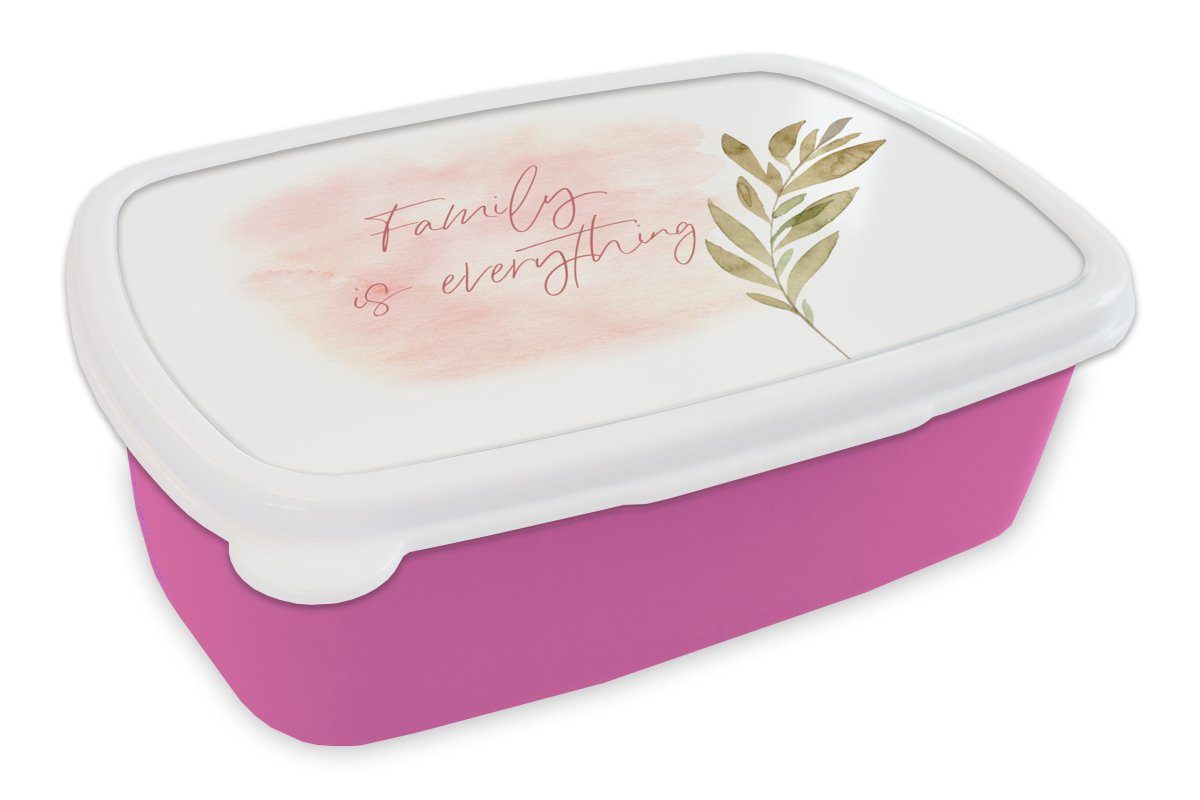 MuchoWow Lunchbox Zitate - Sprichwörter - Familie ist alles, Kunststoff, (2-tlg), Brotbox für Erwachsene, Brotdose Kinder, Snackbox, Mädchen, Kunststoff rosa