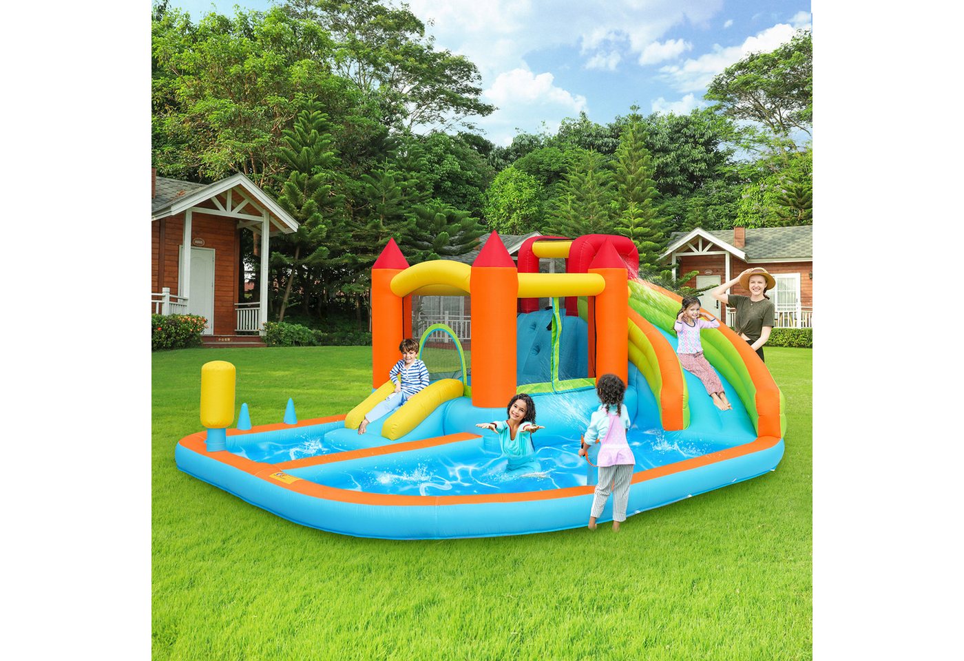 Flieks Hüpfburg, Aufblasbar Wasserpark Wasserspielcenter mit Gebläse 460x343x190cm