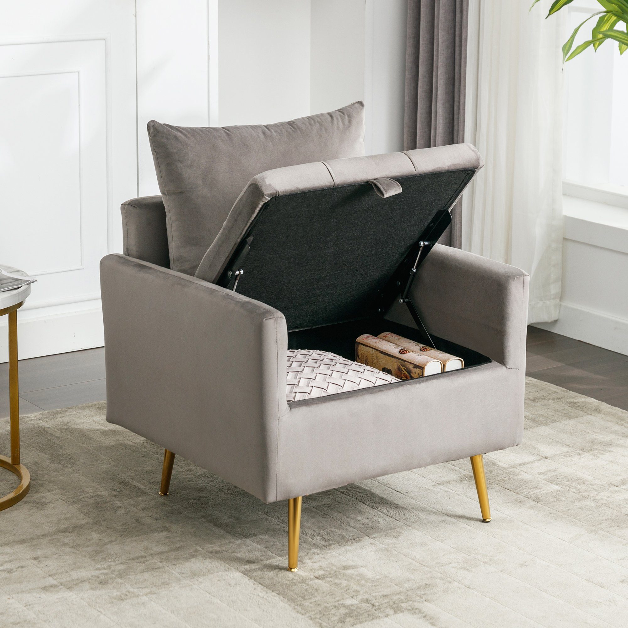 REDOM Sessel Loungesessel, Einzelsessel, Polstersessel, mit Stauraum (Moderner Samtstuhl), Sessel mit Kissen, mit roségoldenen Metallbeinen grau | Einzelsessel