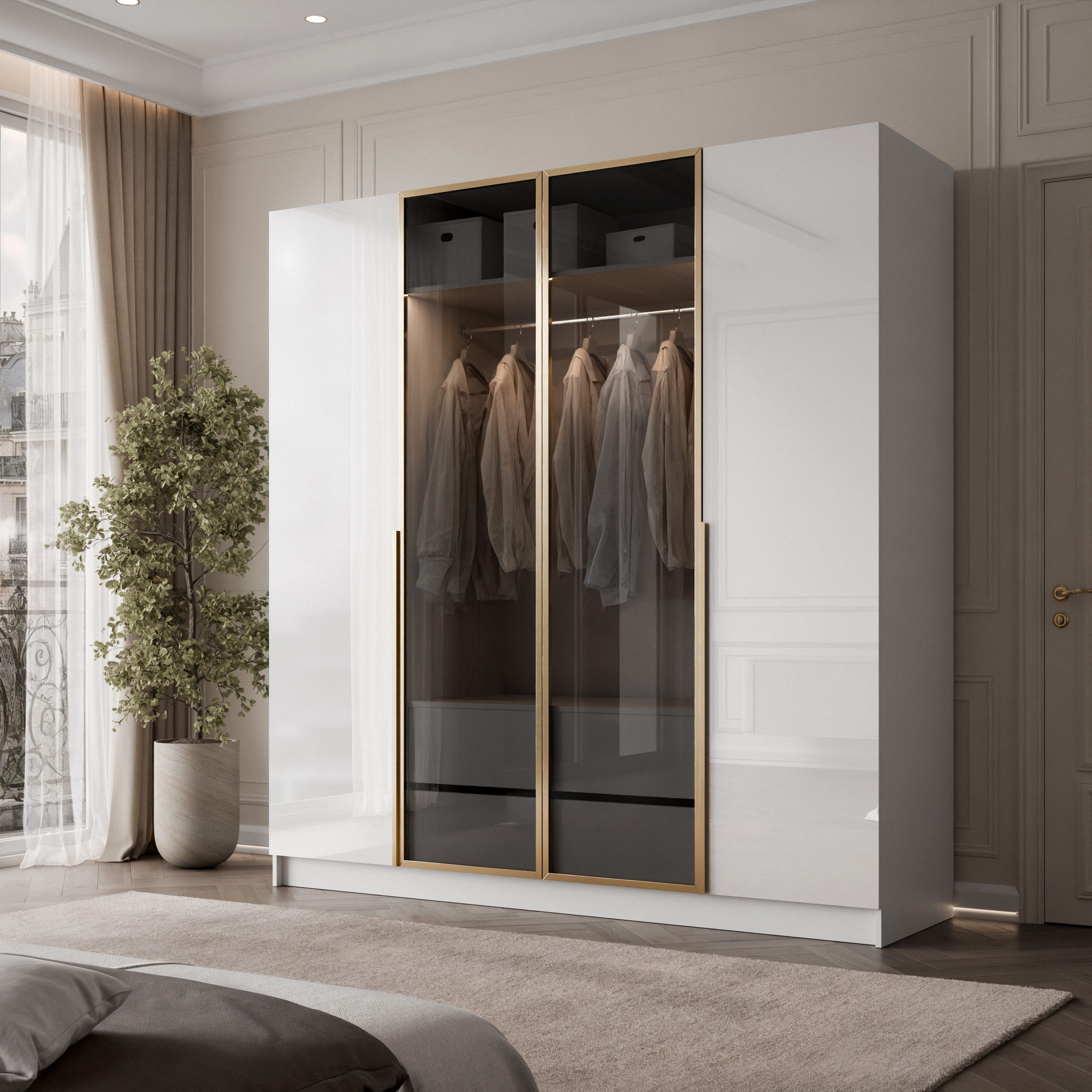 Lookway Kleiderschrank Viertüriger ATRIUM GOLD GLOSS mit Glasfront (mit Schubladen) 200x210x57 cm – Bild 2 von 5