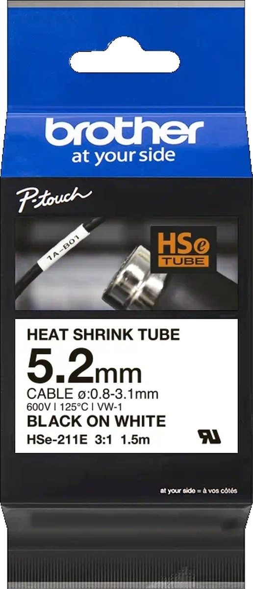 Brother Beschriftungsband Schrumpfschlauchkassette HSE-211E 5,2mm schwarz/weiß