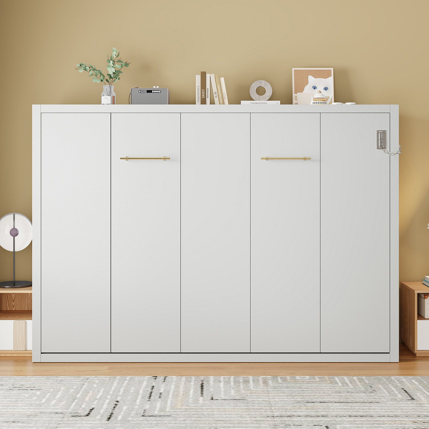 Odikalo Schrankbett 140x200 Murphy-Bett Faltbett mit Verriegelbarer Wandbefestigung (Metallrahmen-Wandklappbett, Kombination aus Metallrahmen und Holzplatte, Robust und Leise, Multifunktionales Bett)