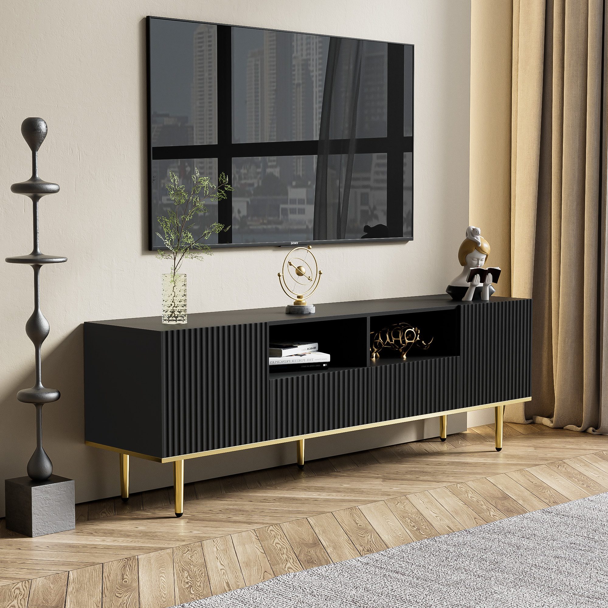 Merax Lowboard mit goldenen Metallfüße und Kabeldurchführung, TV-Schrank Scandi,TV-Board,Fernsehtisch,B:165cm