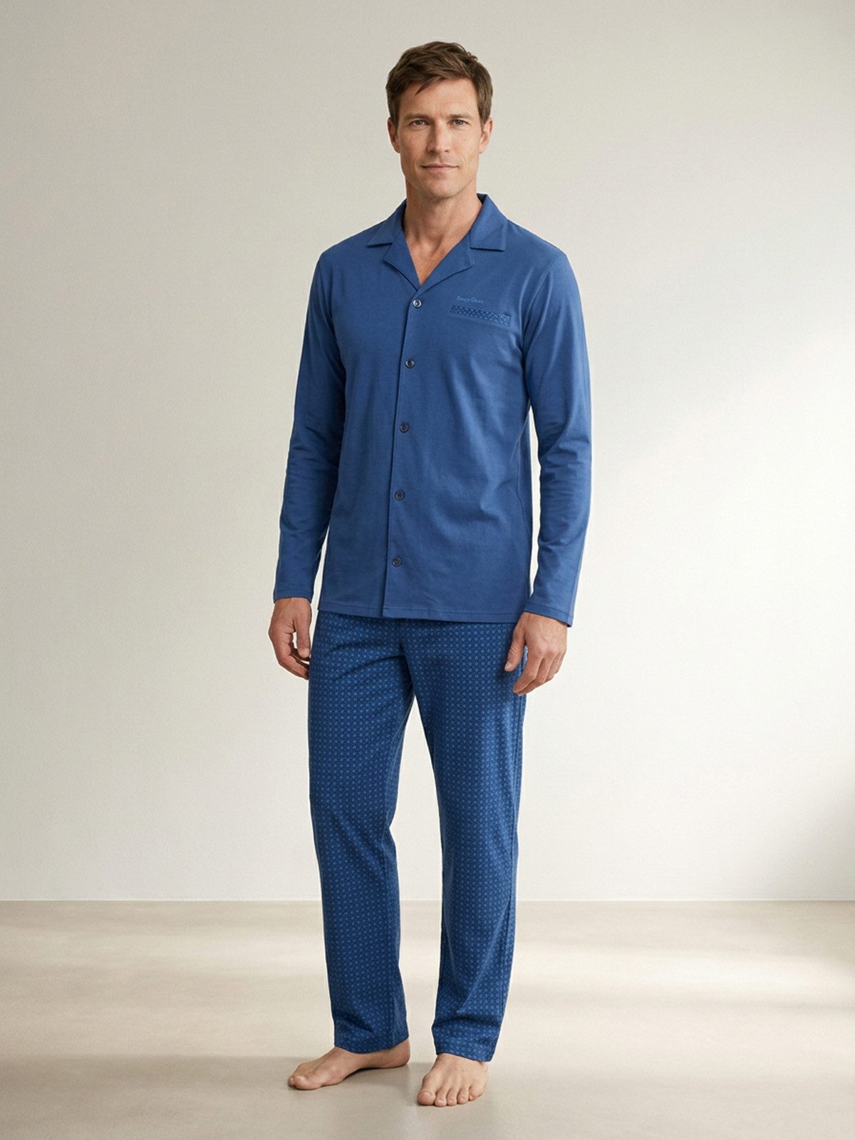 Henry Terre Pyjama Kent langarm - Hose dezenter Print Shirt uni Hemdkragen durchgeknöpft