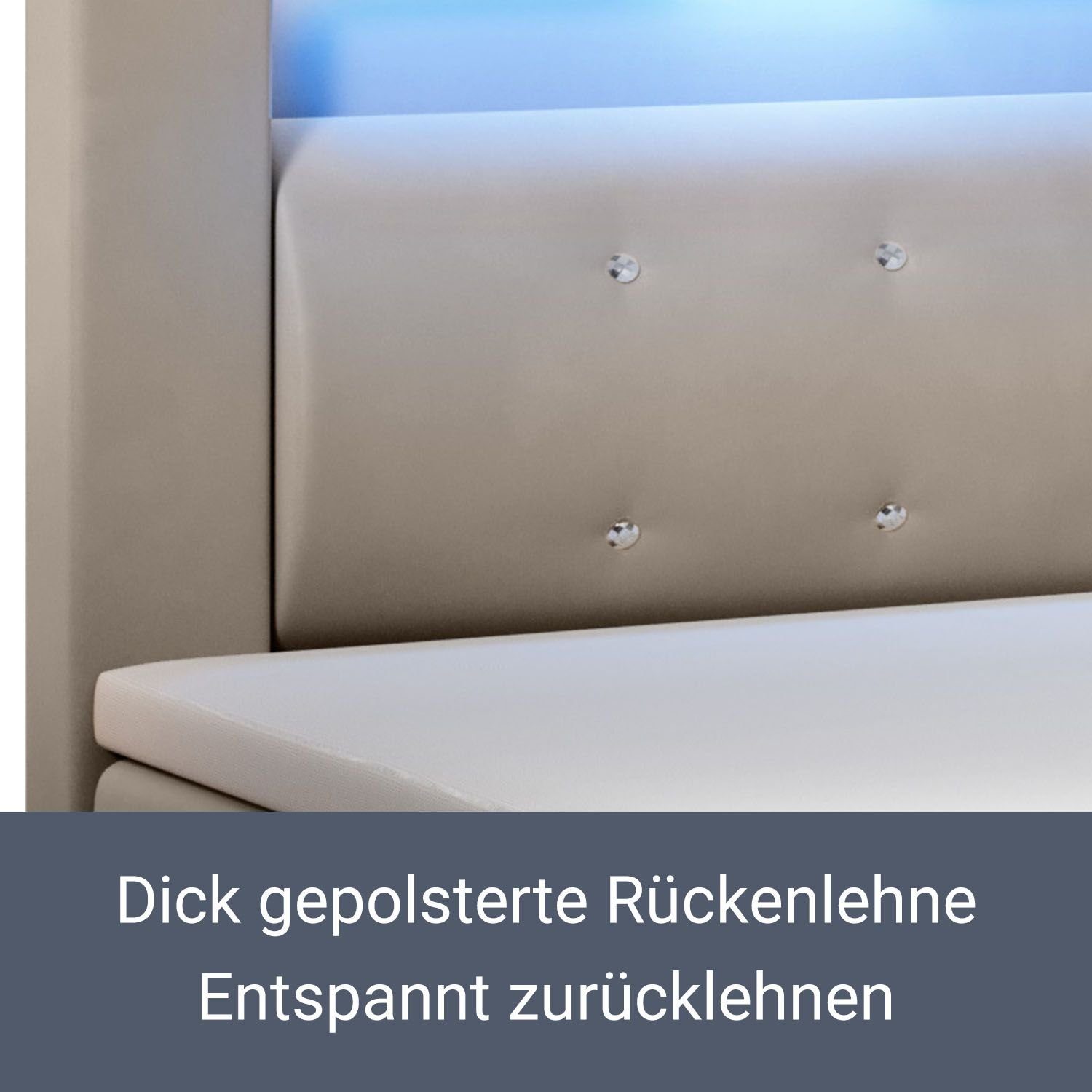 Juskys Boxspringbett LED-Beleuchtung Vancouver, Topper, Bonell-Federkernmatratzen, 120x200 cm, Beige