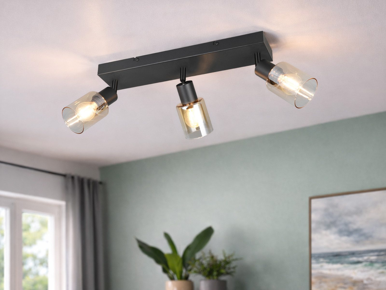 Reality Leuchten LED Deckenstrahler mit 3 Glas Lampenschirmen Amber, B: 42cm, Dimmfunktion, LED wechselbar, Warmweiß, Strahler Decke 3-flammig für innen, inkl. austauschbaren Leuchtmitteln