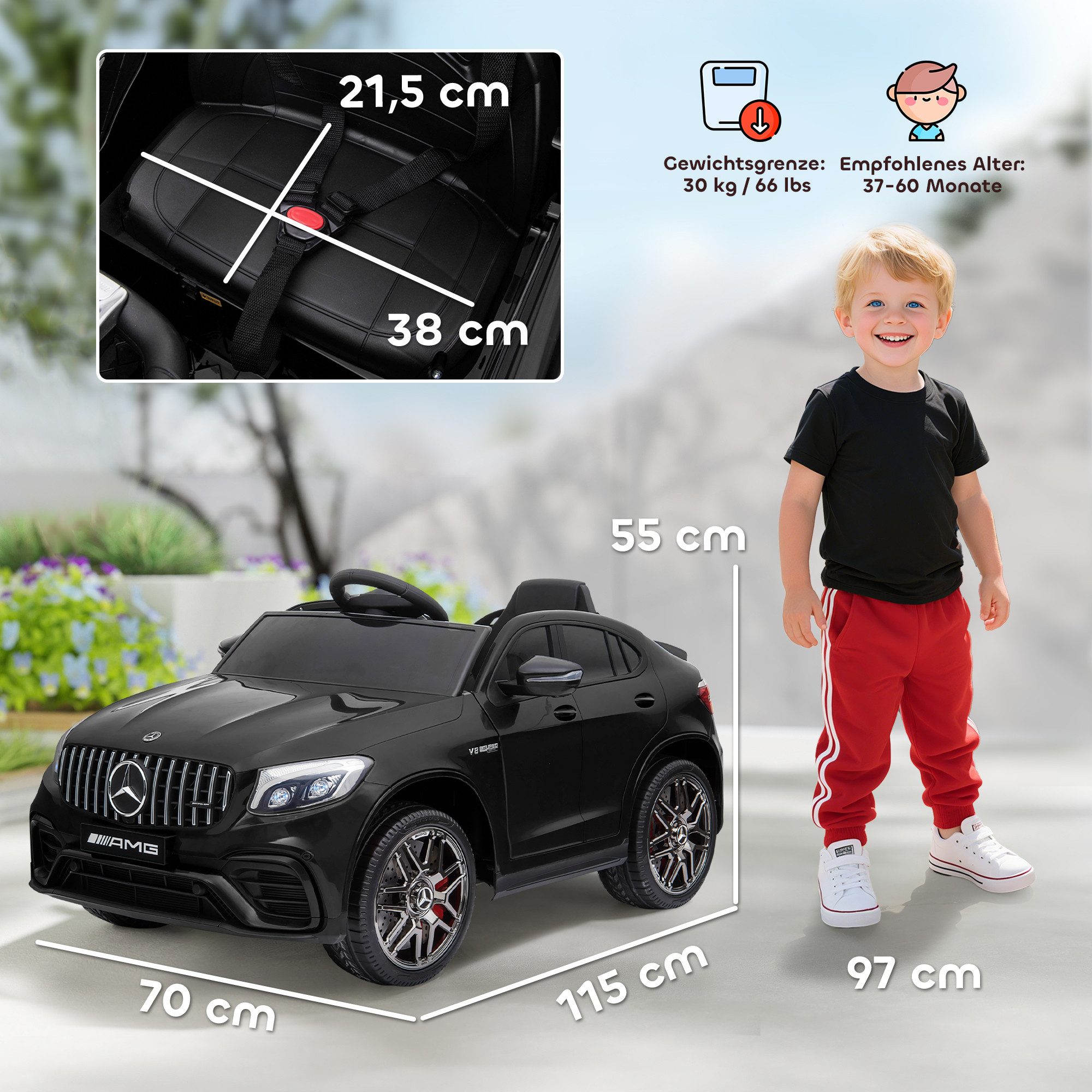 HOMCOM Elektro-Kinderauto Kinder 12V Kinderauto mit 2,4 G Fernbedienung, 2 Motor, Belastbarkeit 30 kg, (1-tlg), für Kinder, Schwarz