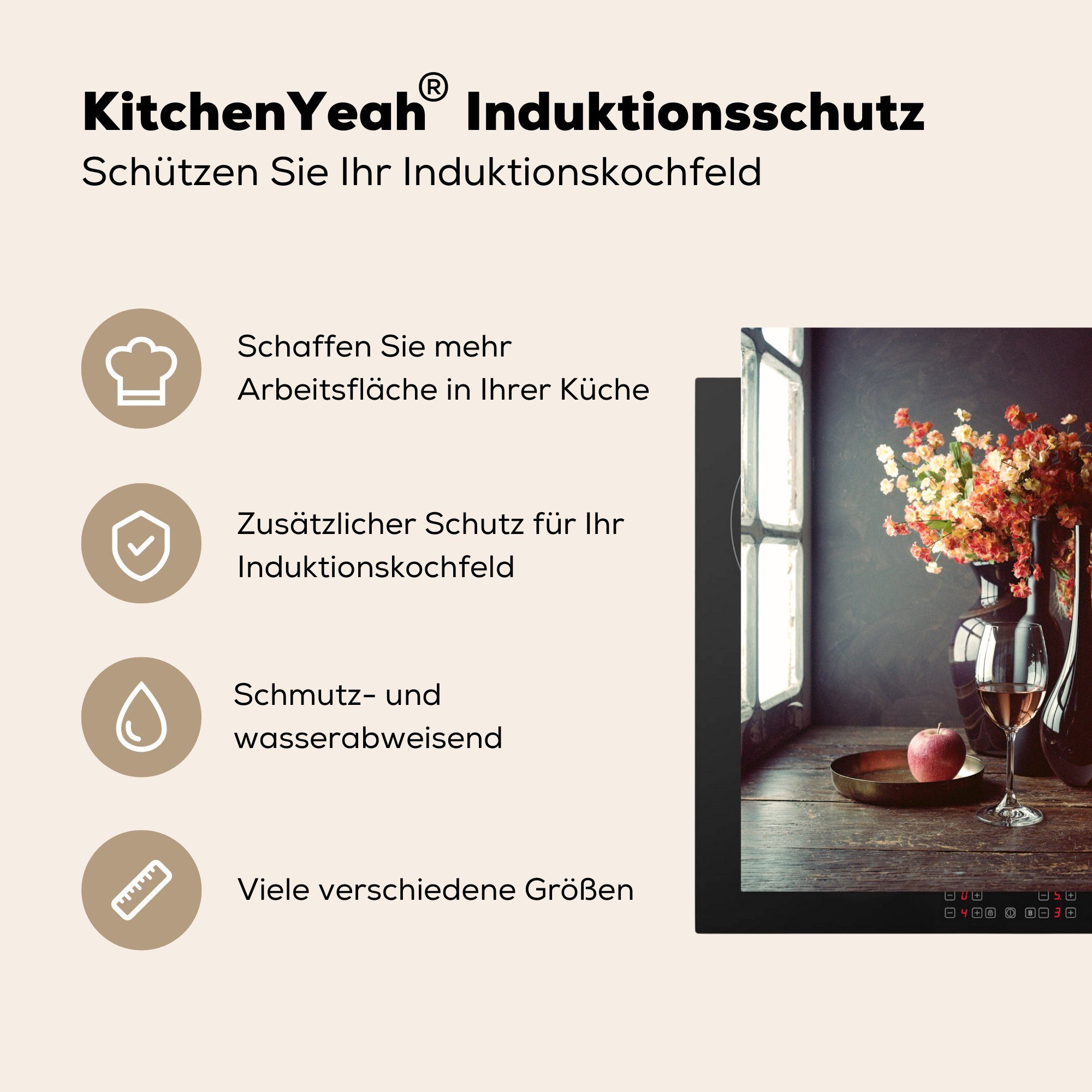 für (1 Herdblende-/Abdeckplatte Weinglas Arbeitsplatte Vinyl, tlg), Blumen Äpfeln, 78x78 und MuchoWow mit küche cm, Ceranfeldabdeckung,