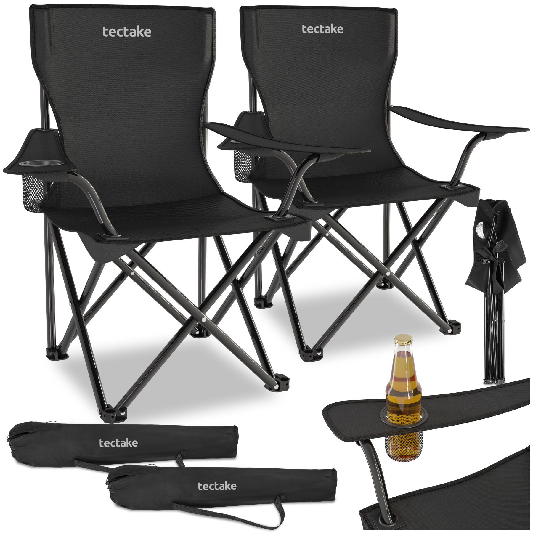 tectake Campingstuhl Gartenstuhl faltbar, mit Getränkehalter, 80 x 48 x 84,5 cm (Outdoor Klapptstuhl Gil für Außen in Schwarz, 2 St), geringes Gewicht, inkl. Tragetasche