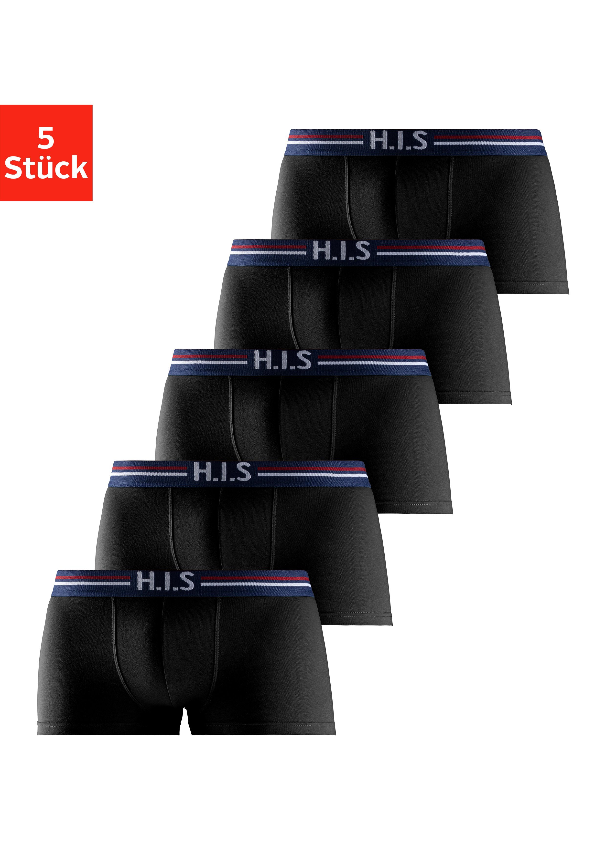 5-St) in Markenlogo im Boxershorts und Hipster-Form mit H.I.S Streifen (Packung, schwarz Bund