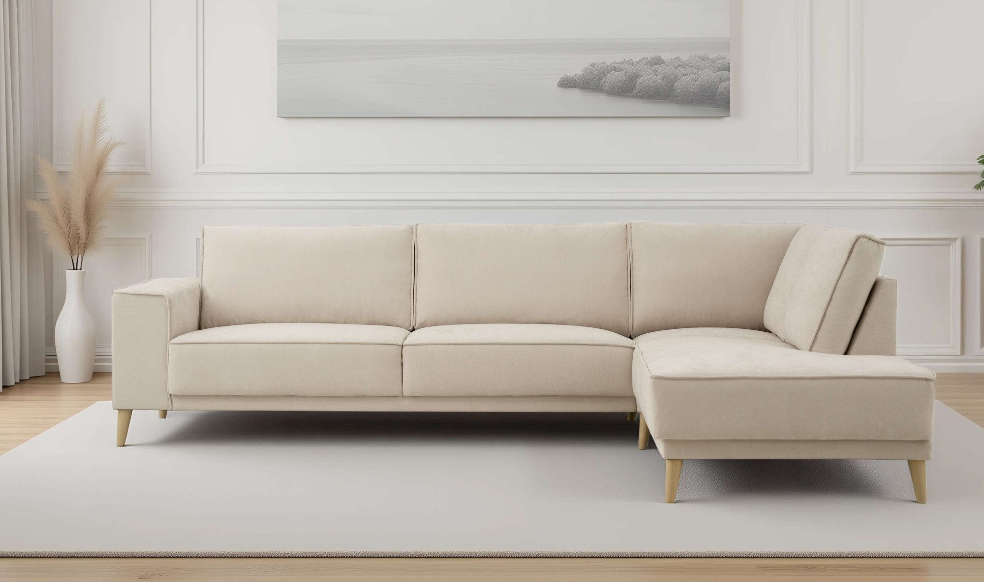 OTTO home Ecksofa Oland Skandi, weicher Chenille-Stoff, L-Form, 289 cm, Wellenunterfederung, Skandi-Design, Massivholzfüße