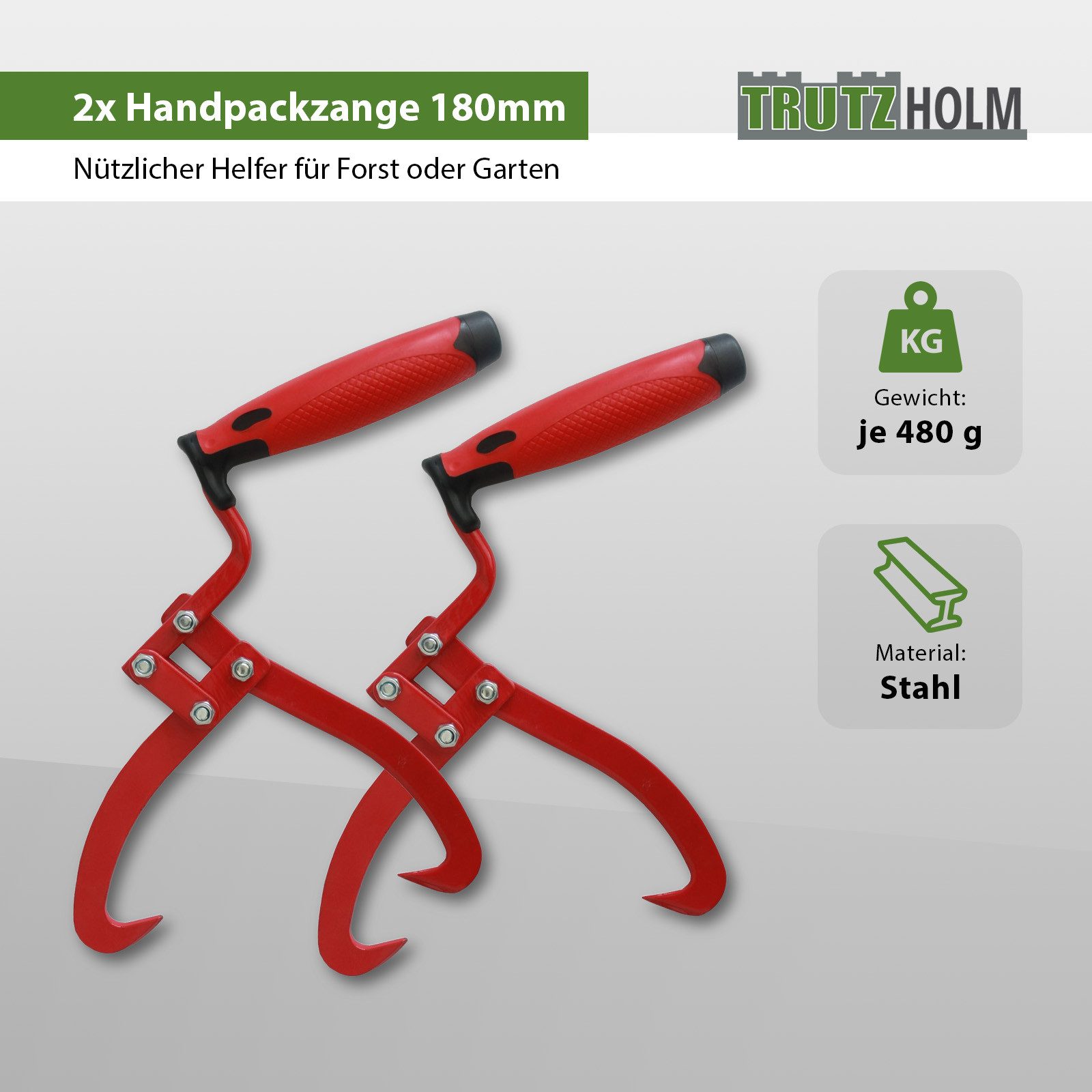 TRUTZHOLM Handpackzange 2x Packzange Handhebehaken Sappie Holzgreifer Forstzange Ergonomisch, Öffnungsweite max. 18 cm, Set, 2-tlg.], ohne tiefes bücken