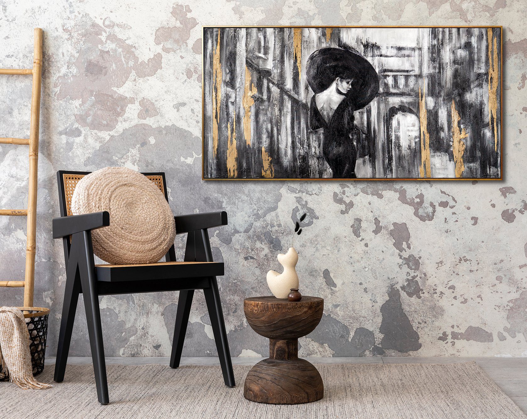 Gold Gold Schwarz Leinwand mit Frau Rahmen Bild Filmstreifen, Menschen, Gemälde Mit in Handgemalt YS-Art Schwarz Regenschirm