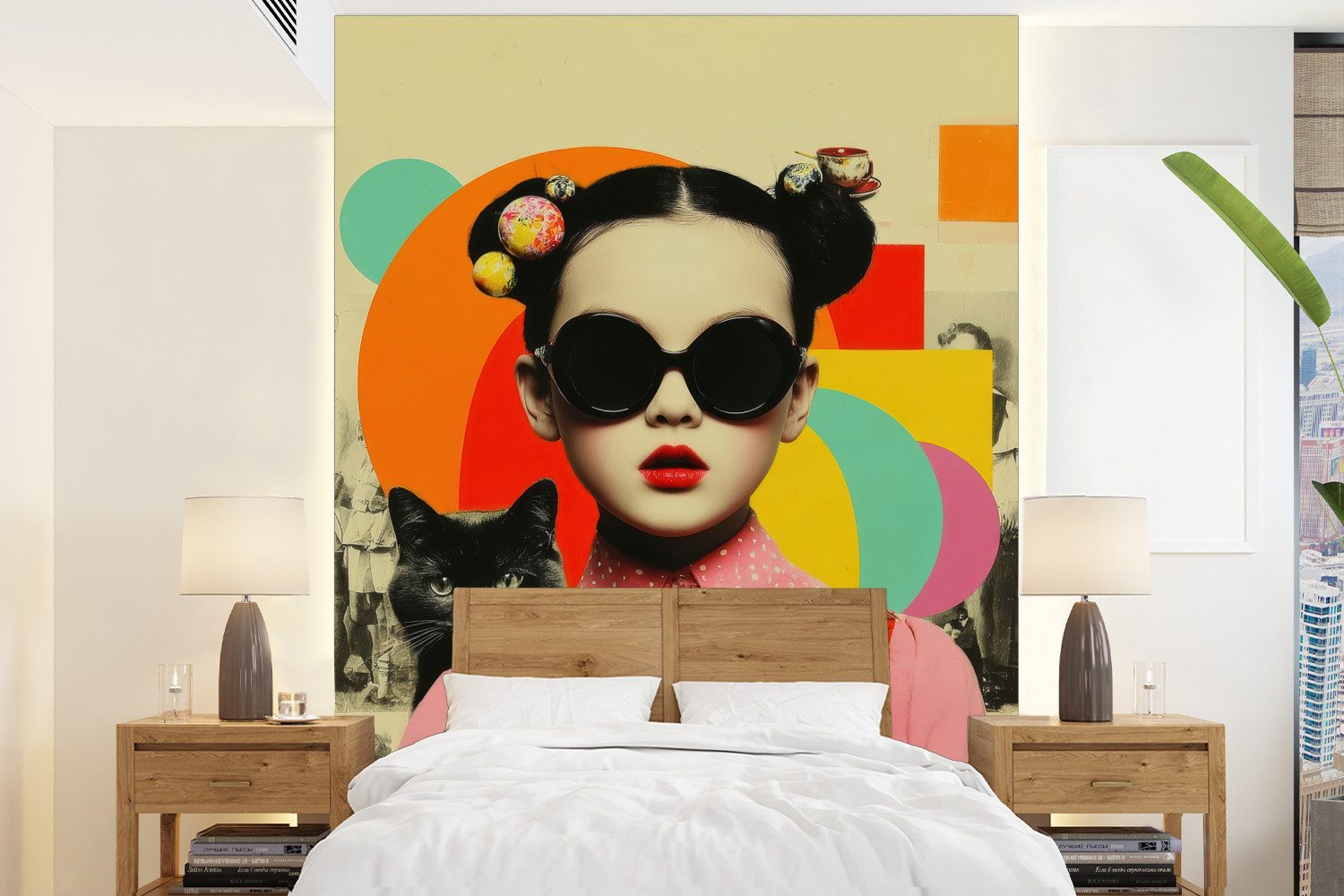 MuchoWow Fototapete Mädchen - Sonnenbrille - Katze - Retro, Matt, bedruckt, Wallpaper für Wohnzimmer, Schlafzimmer, Vinyl Tapete, 165x220 cm