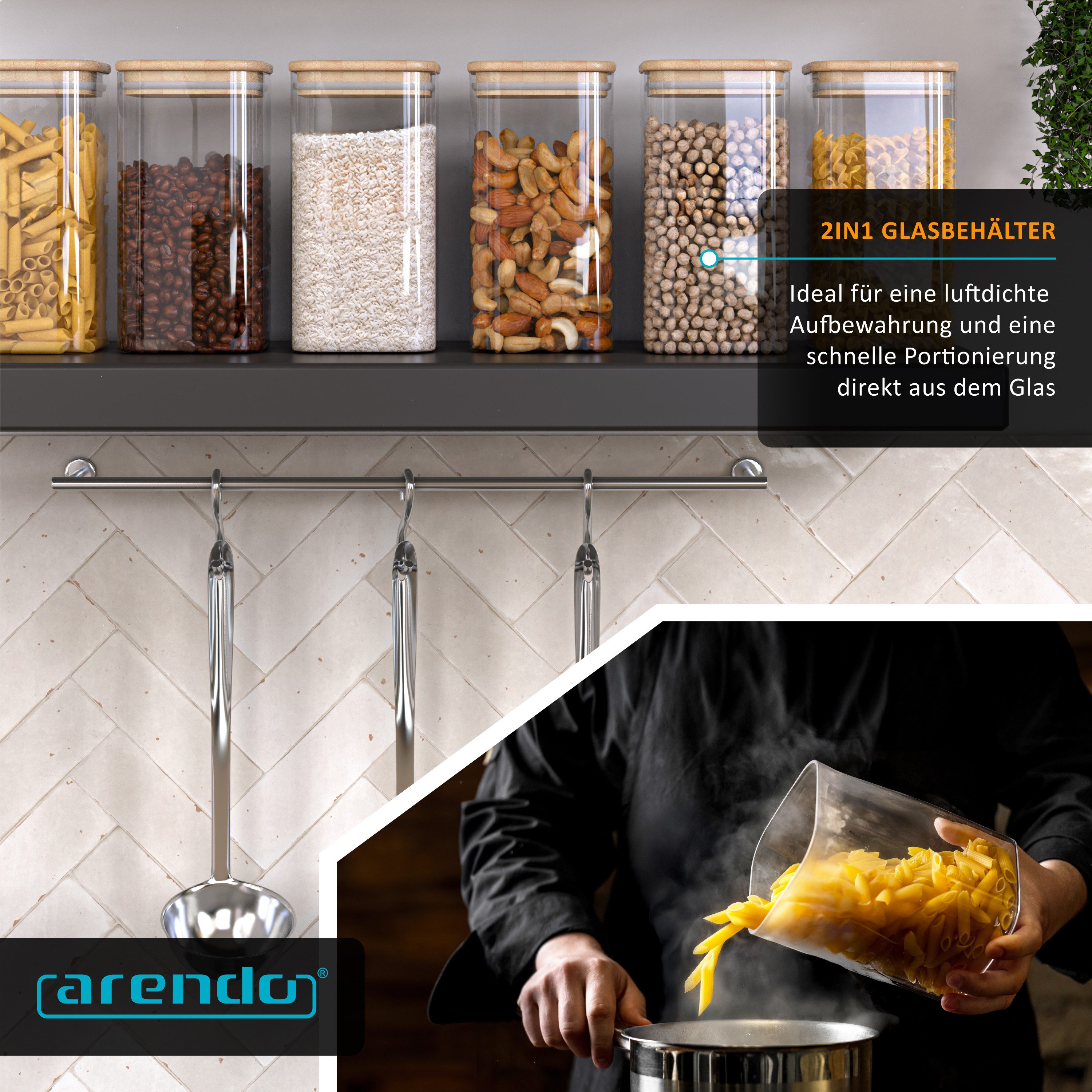 Arendo Aufbewahrungsbecher Glasbehälter-Set 8x 1,65 L Borosilikatglas mit Bambusdeckel, luftdicht, Borosilikatglas, Bambus, Silikon, (Vorratsbehälter-Set, 8-tlg – Bild 5 von 5