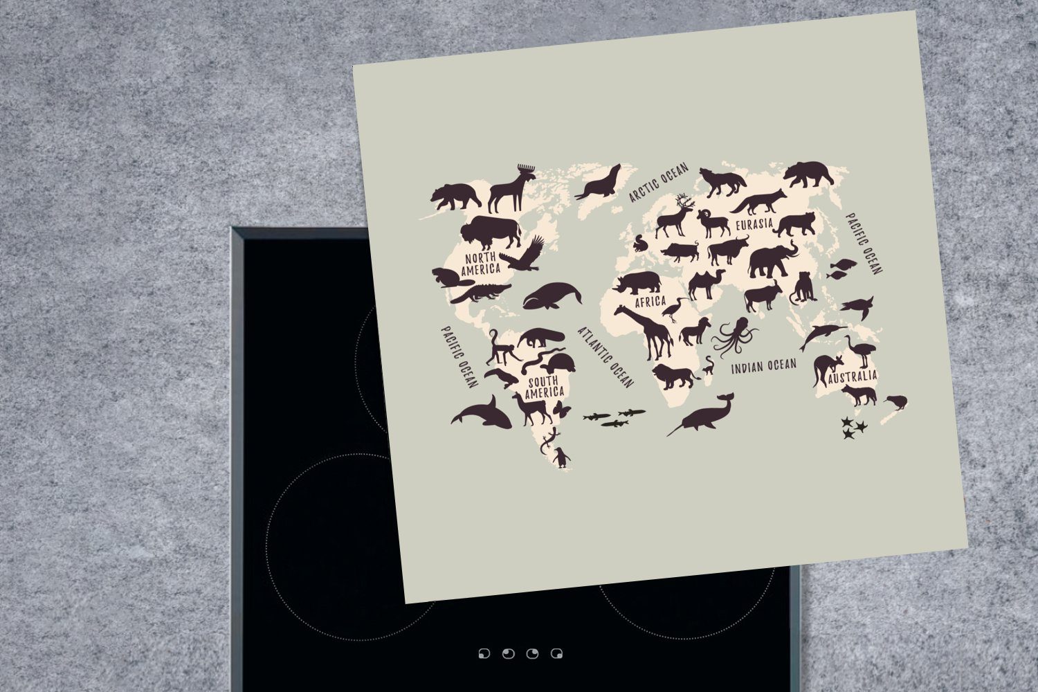 MuchoWow Herdblende-/Abdeckplatte Weltkarte Kinder Ceranfeldabdeckung, für Arbeitsplatte tlg), cm, küche - (1 Vinyl, Beige, 78x78 Tiere 