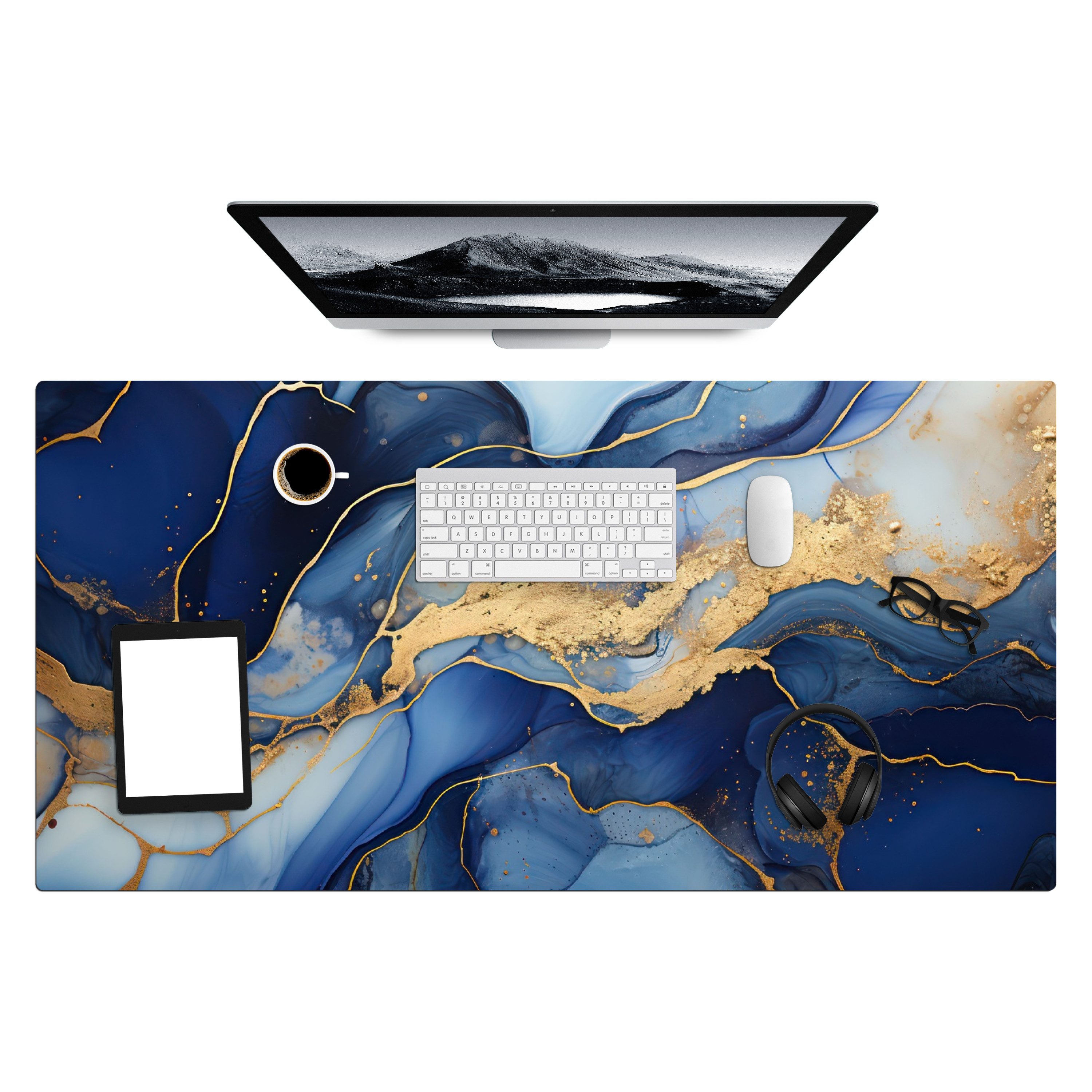 MuchoWow Gaming Mauspad Marmor - Blau - Gold - Abstrakt (1-St), Gaming Mauspad XXL, Schreibtischunterlage, Gaming Zubehör, 120x60 cm