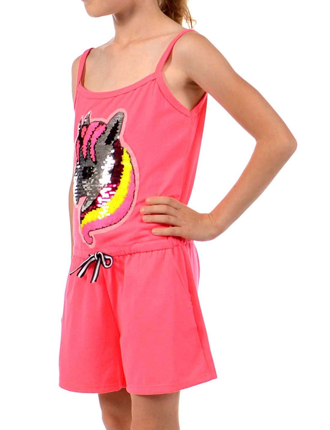 (1-tlg) KMISSO Einhorn Pink Jumpsuit kurz Mädchen Jumpsuit Bund Wendepailletten elastischer Neon