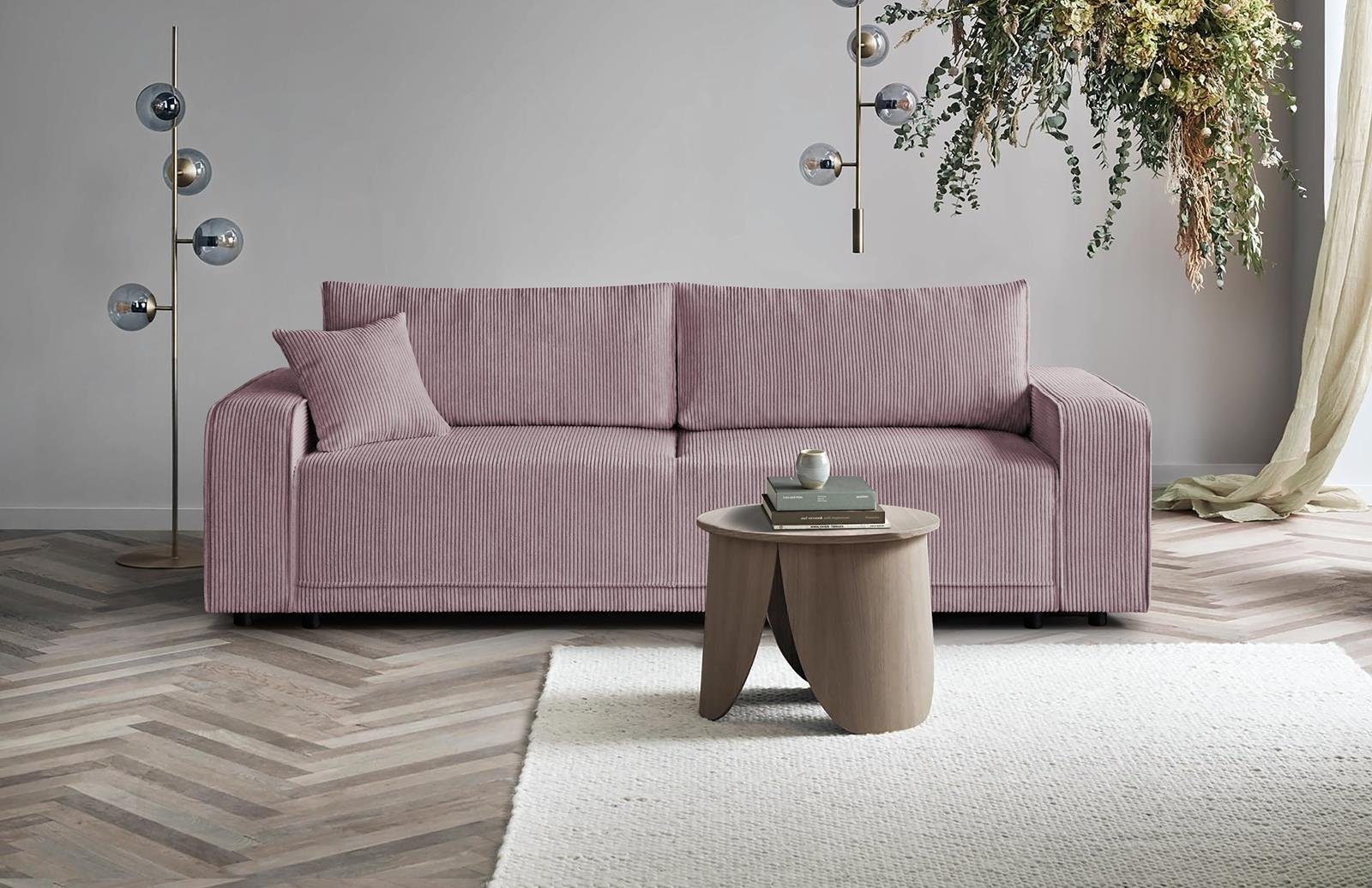 Beautysofa Schlafsofa PRIMO, modernes Design Sofa, Wellenfedern, Schlaffunktion, Bettkasten, breite Armlehnen Rosa (poso 27)