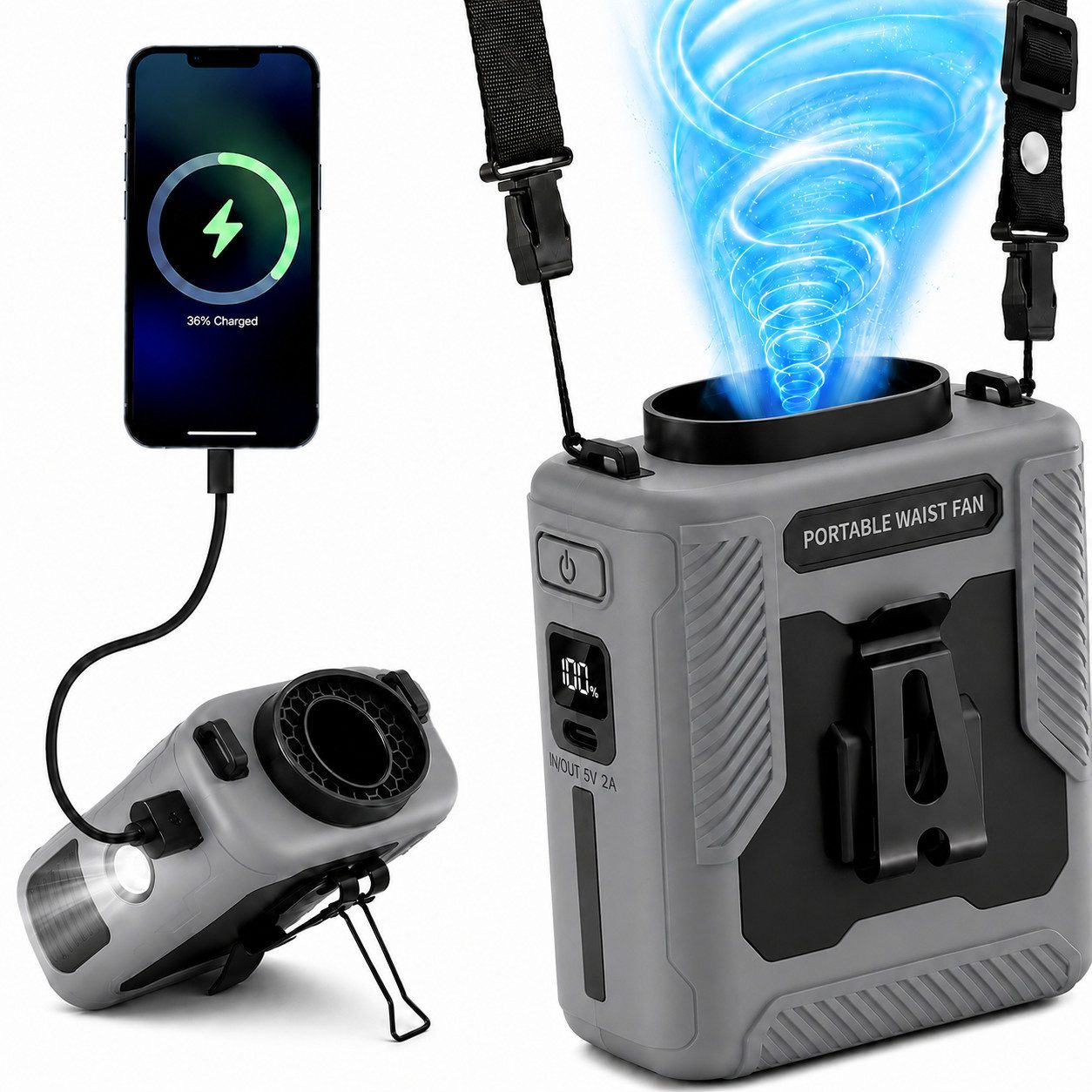 nsihing Mini USB-Ventilator Gürtelventilator 3-in-1, Mini-Ventilatoren Akku 6000 mAh, 100 Stufen, Tischständer, Powerbank & Extra Lange Laufzeit